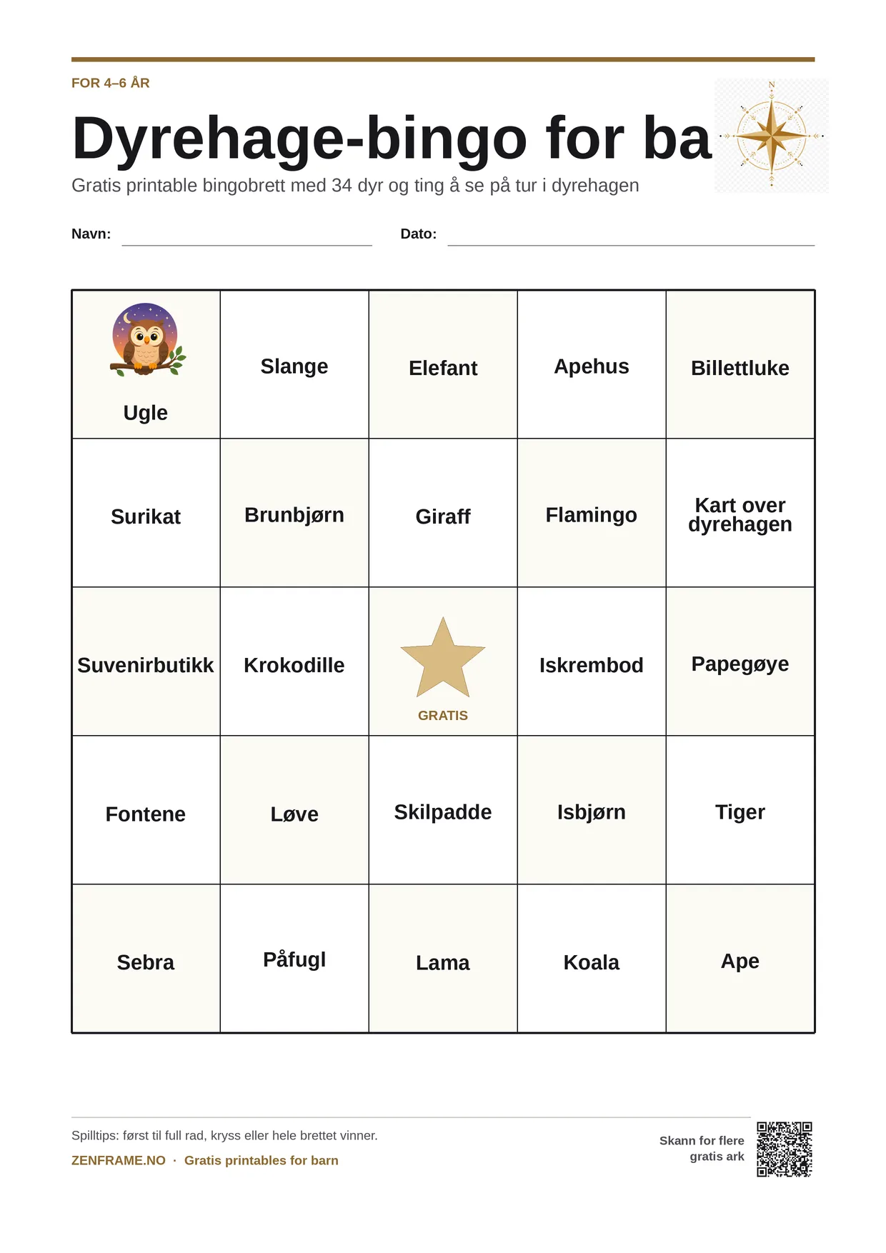 Dyrehage-bingo for barn 4–6 år – gratis utskrivbart A4-brett
