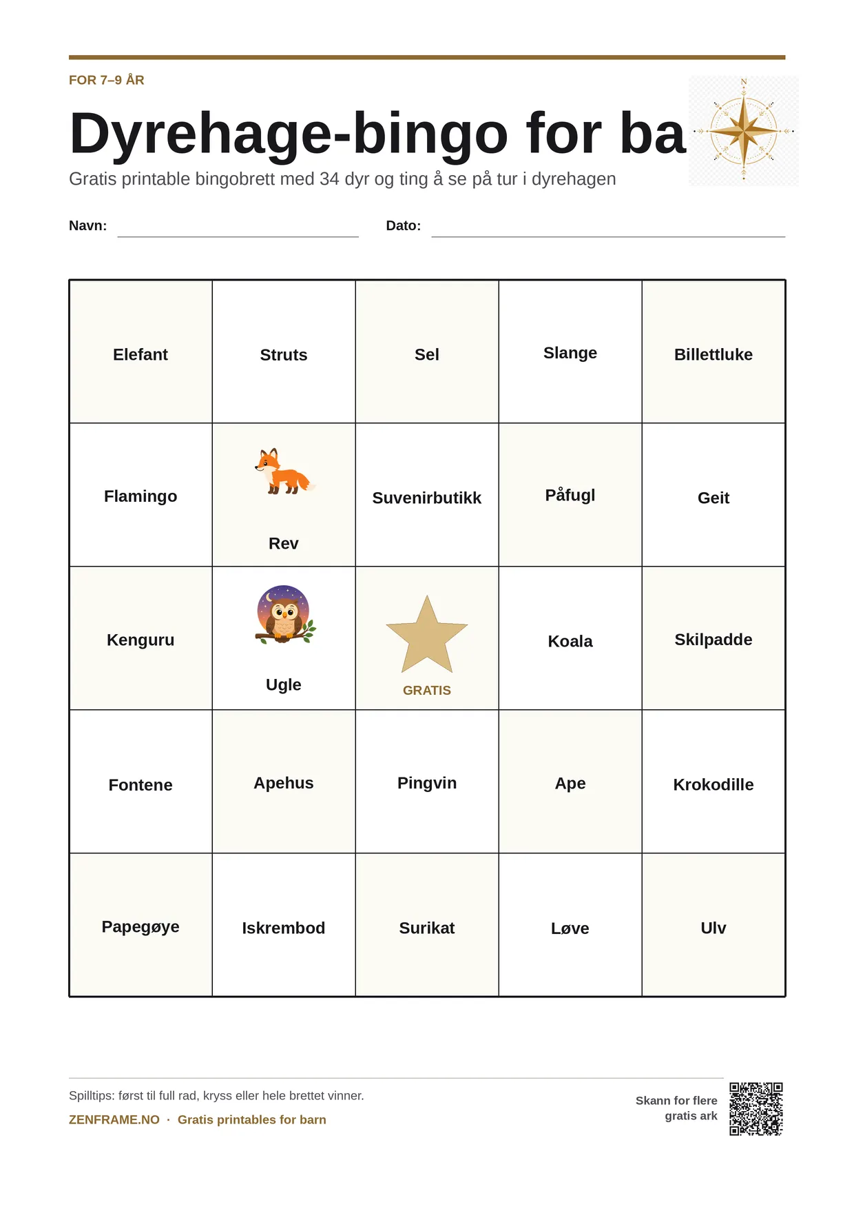 Dyrehage-bingo for barn 7–9 år – gratis utskrivbart A4-brett