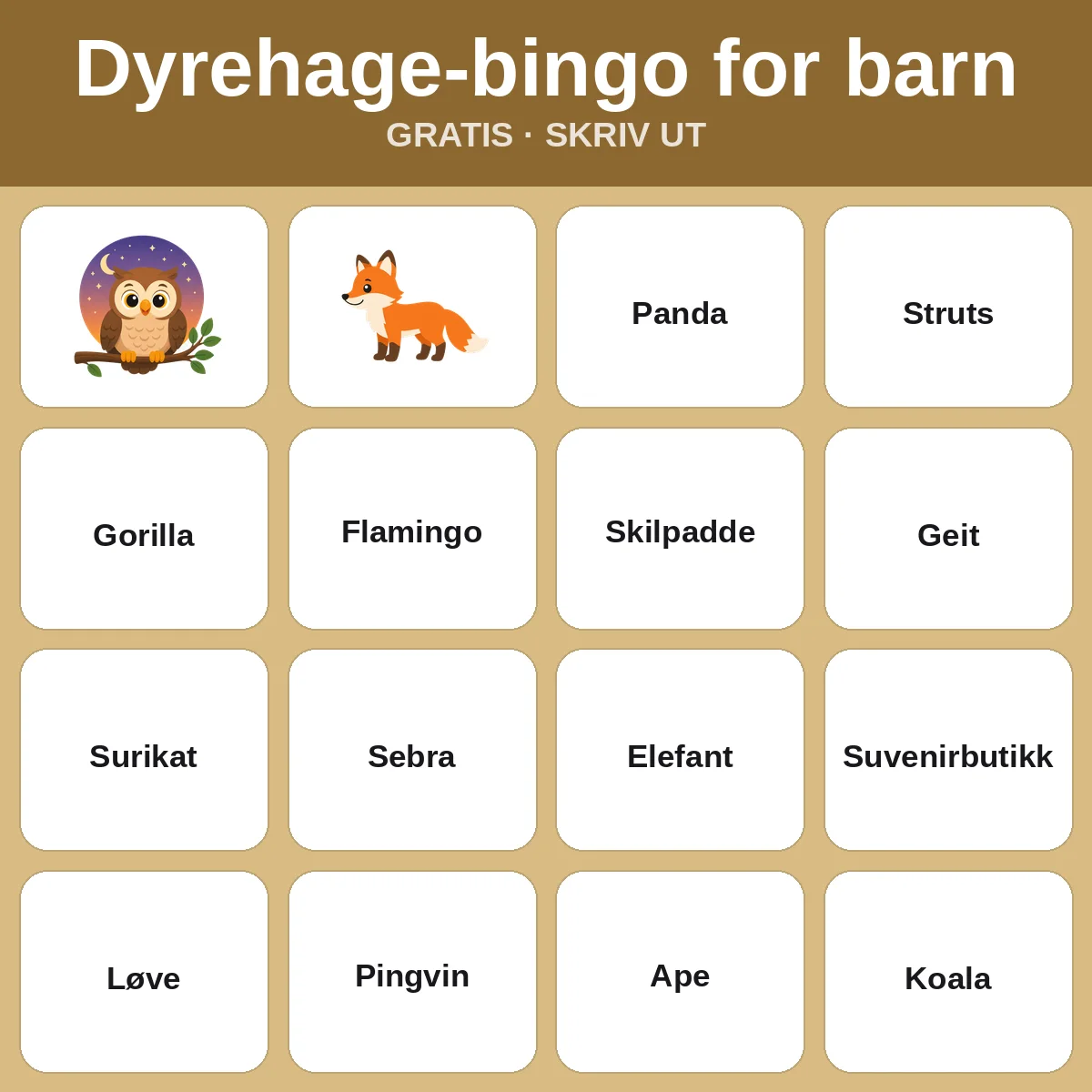Dyrehage-bingo for barn – gratis bingo til utskrift for barn