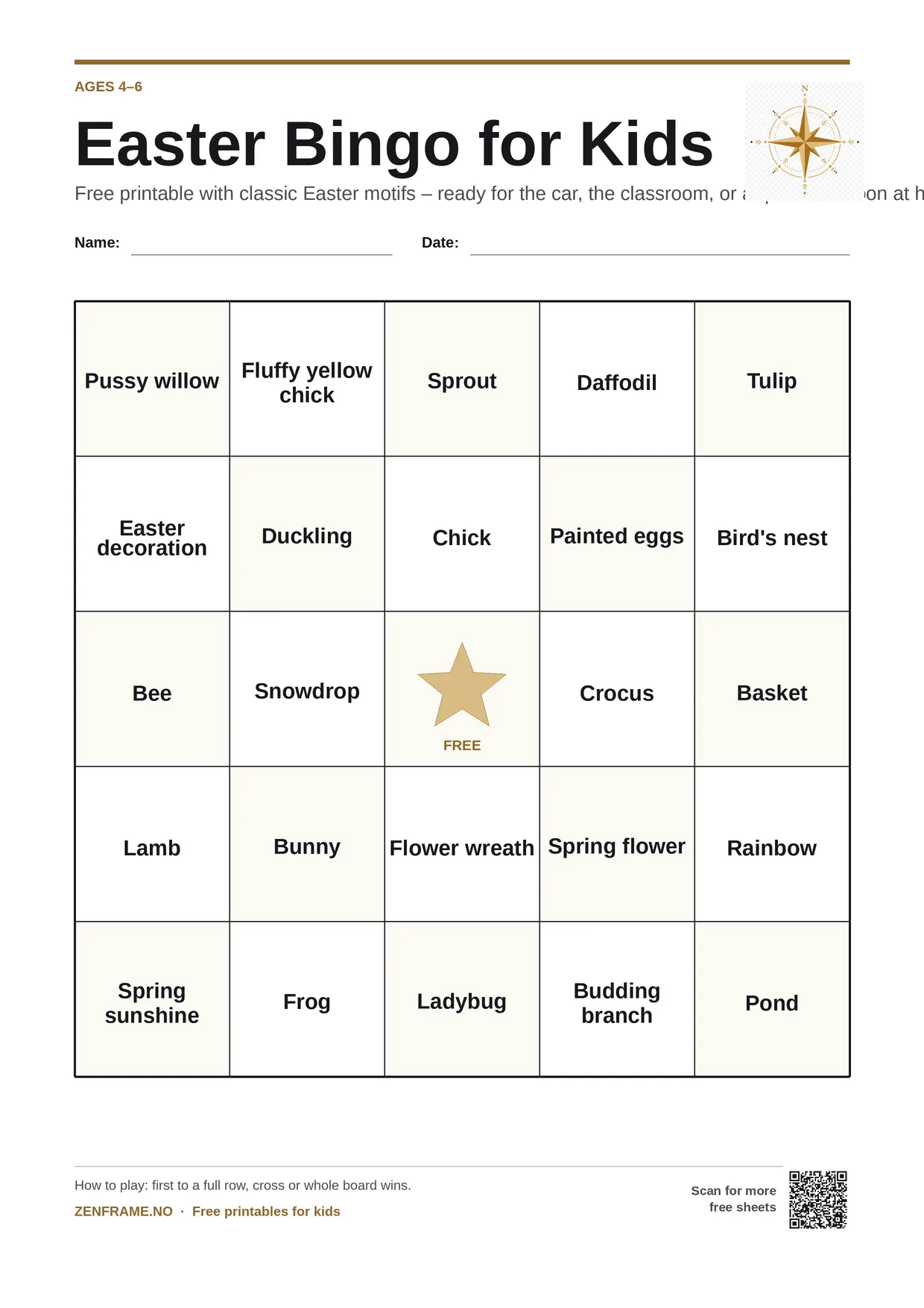Easter Bingo for kids ages 4–6 – free printable A4 board