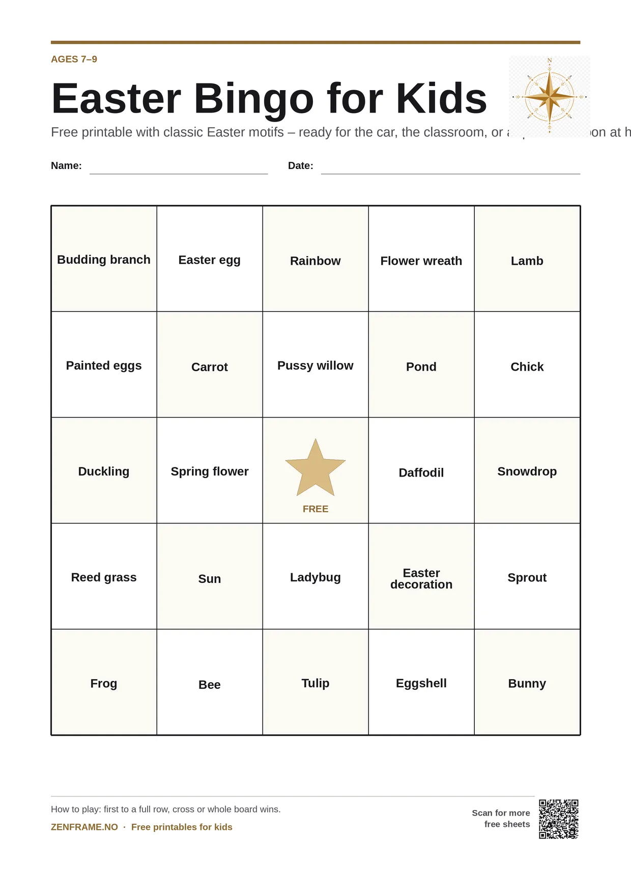 Easter Bingo for kids ages 7–9 – free printable A4 board