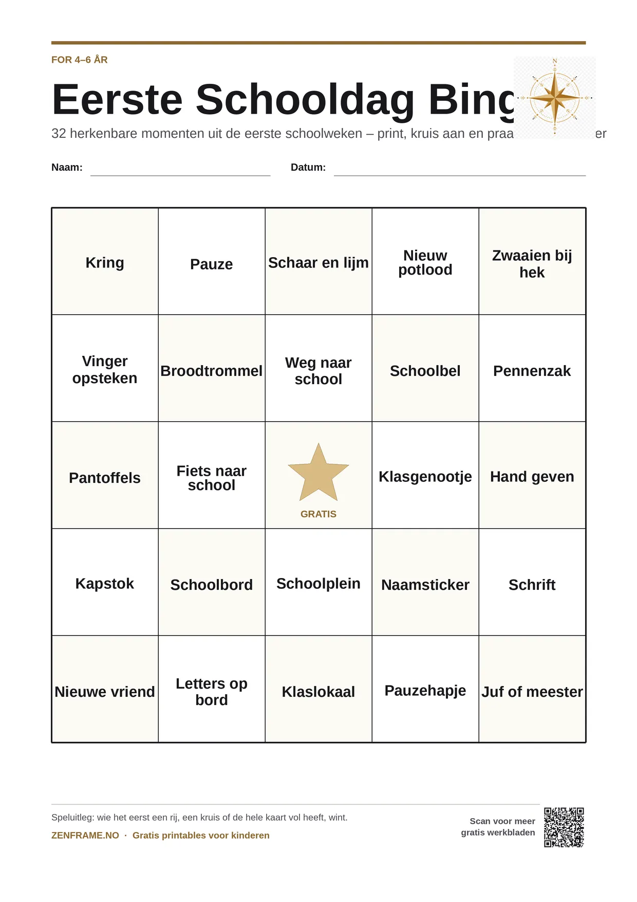 Eerste Schooldag Bingo voor kinderen 4–6 jaar – gratis printbare A4-kaart
