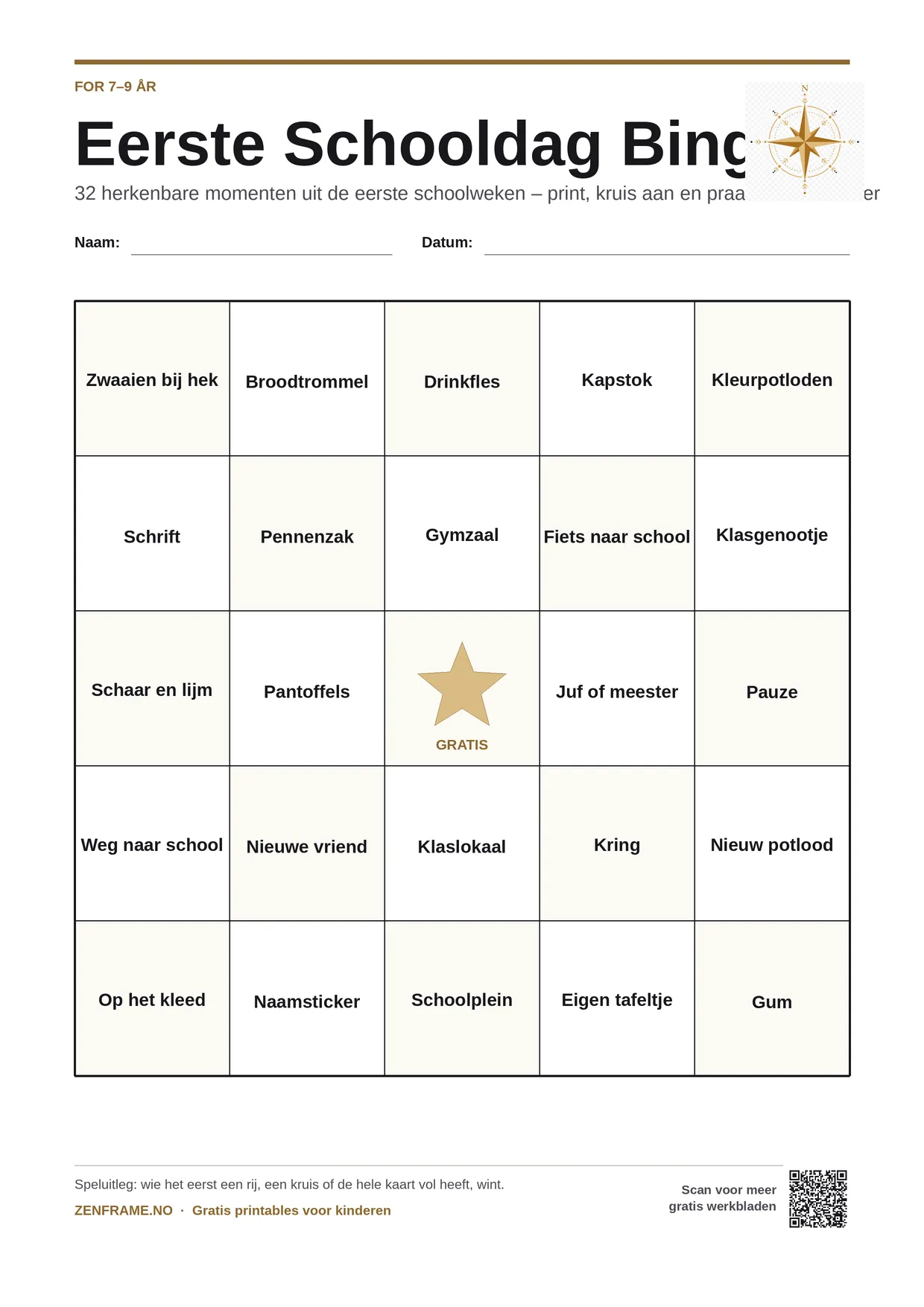 Eerste Schooldag Bingo voor kinderen 7–9 jaar – gratis printbare A4-kaart