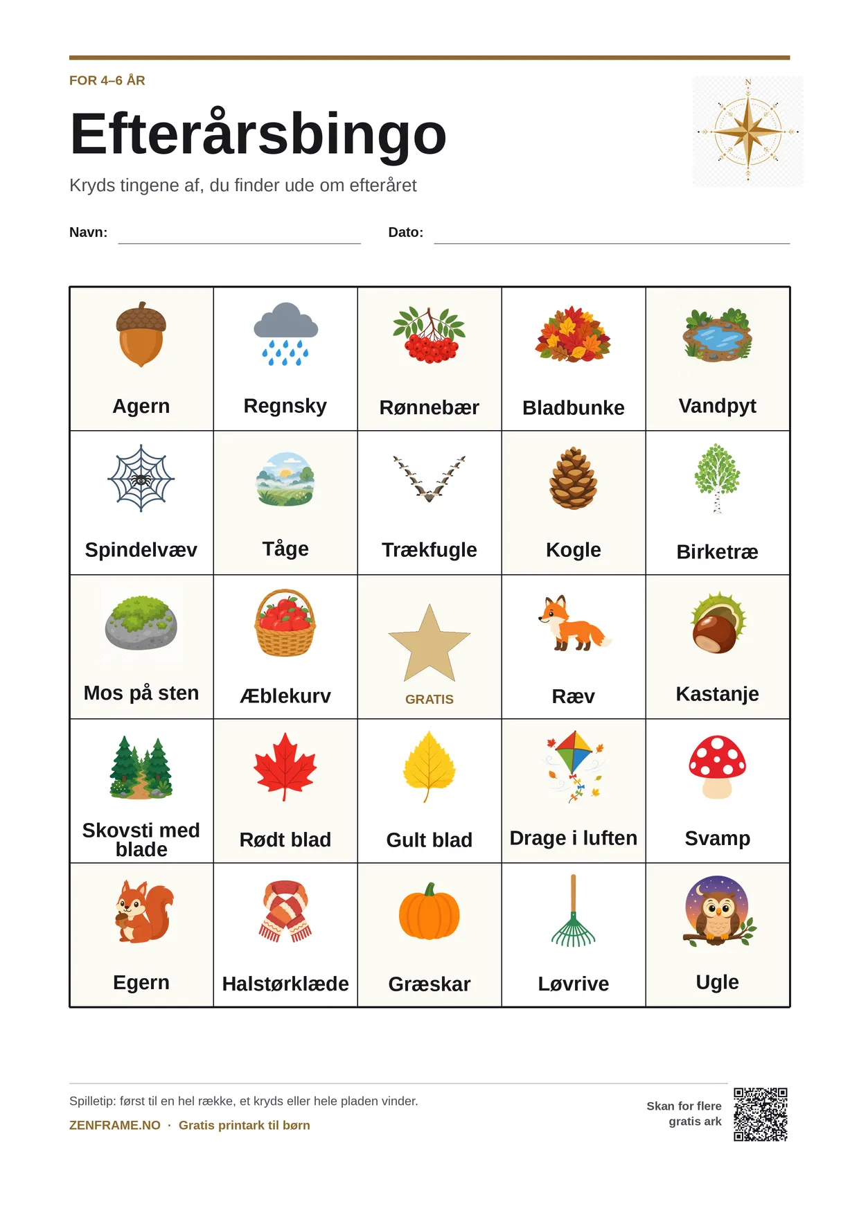 Efterårsbingo for børn 4–6 år – gratis printbar A4-plade