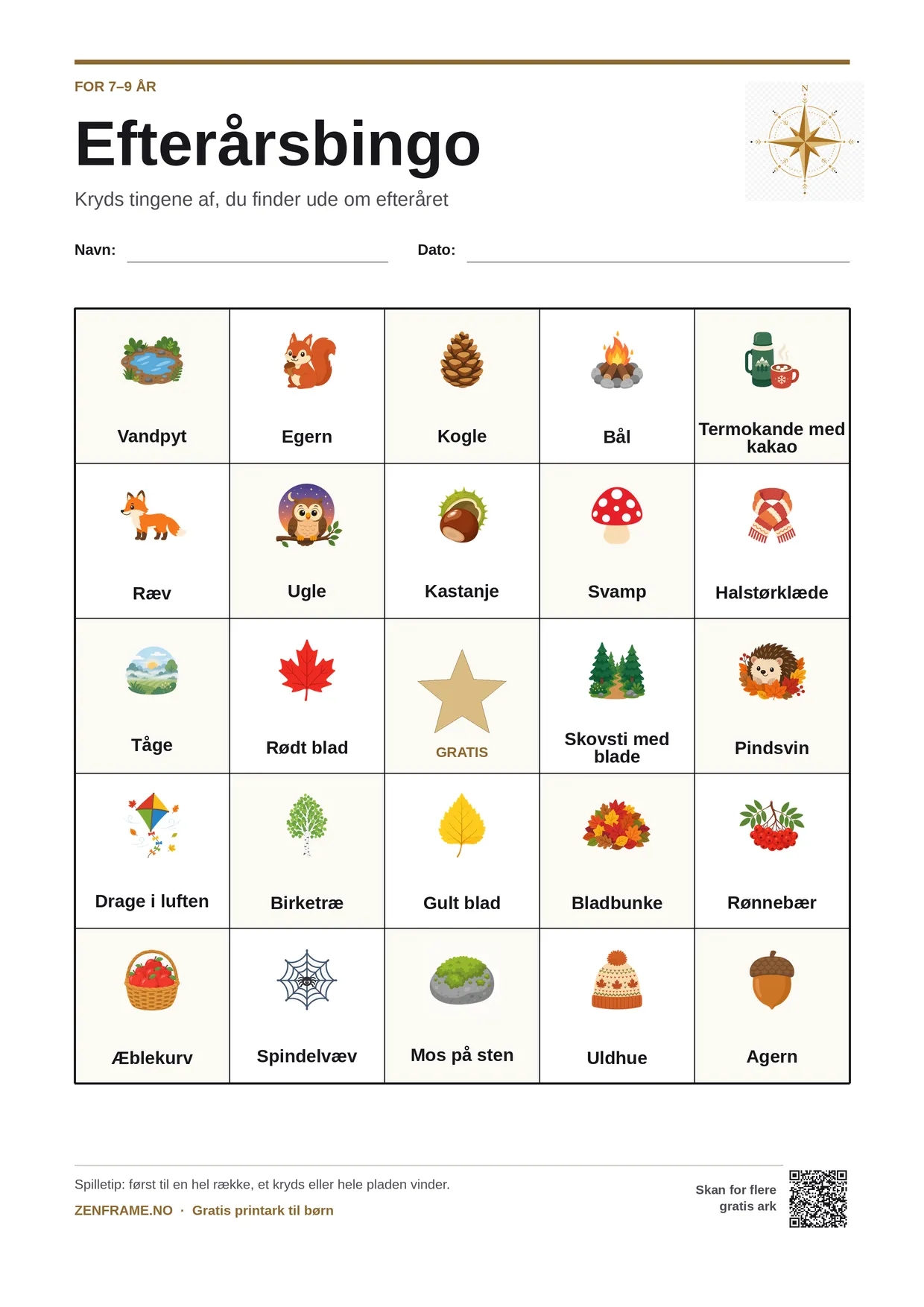 Efterårsbingo for børn 7–9 år – gratis printbar A4-plade