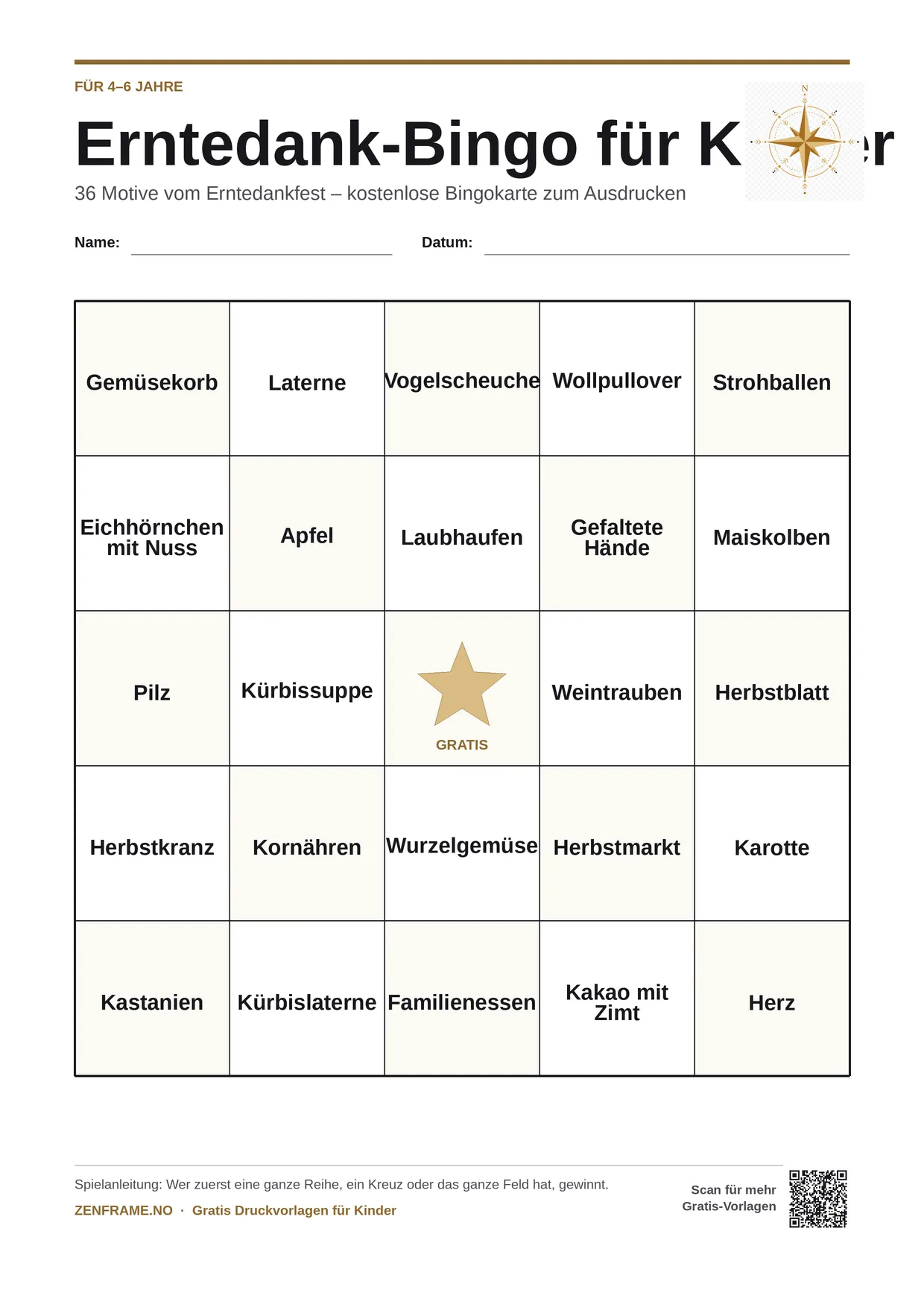 Erntedank-Bingo für Kinder 4–6 Jahre – kostenlose A4-Vorlage zum Ausdrucken