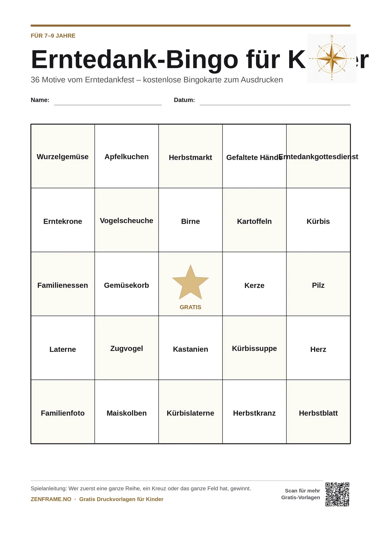Erntedank-Bingo für Kinder 7–9 Jahre – kostenlose A4-Vorlage zum Ausdrucken
