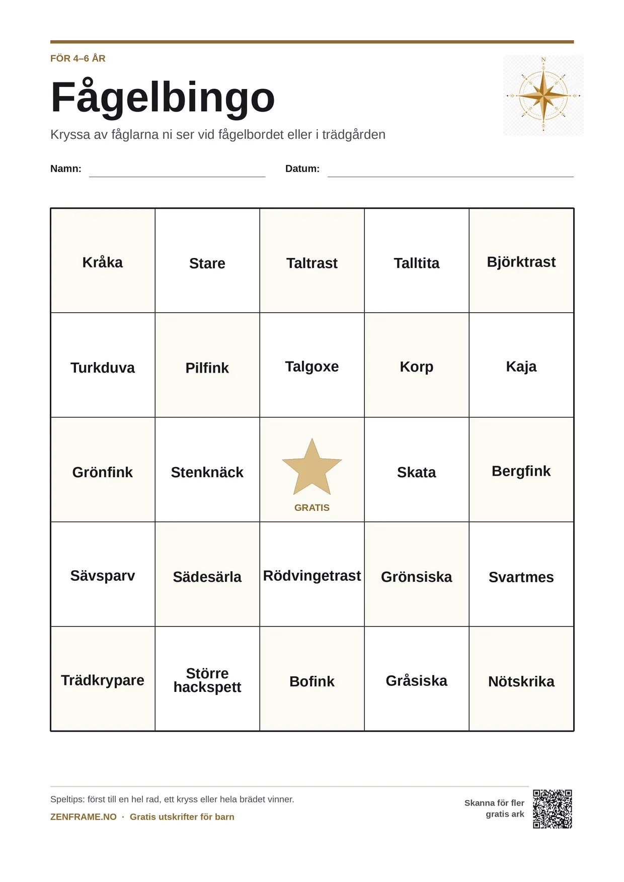Fågelbingo för barn 4–6 år – gratis utskrivbart A4-bräde