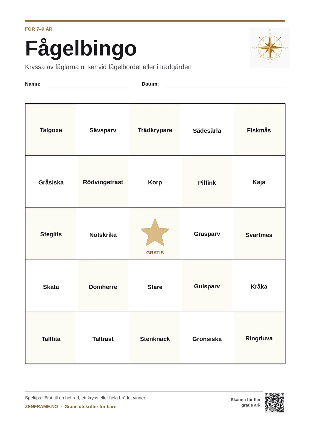 Fågelbingo för barn 7–9 år – gratis utskrivbart A4-bräde