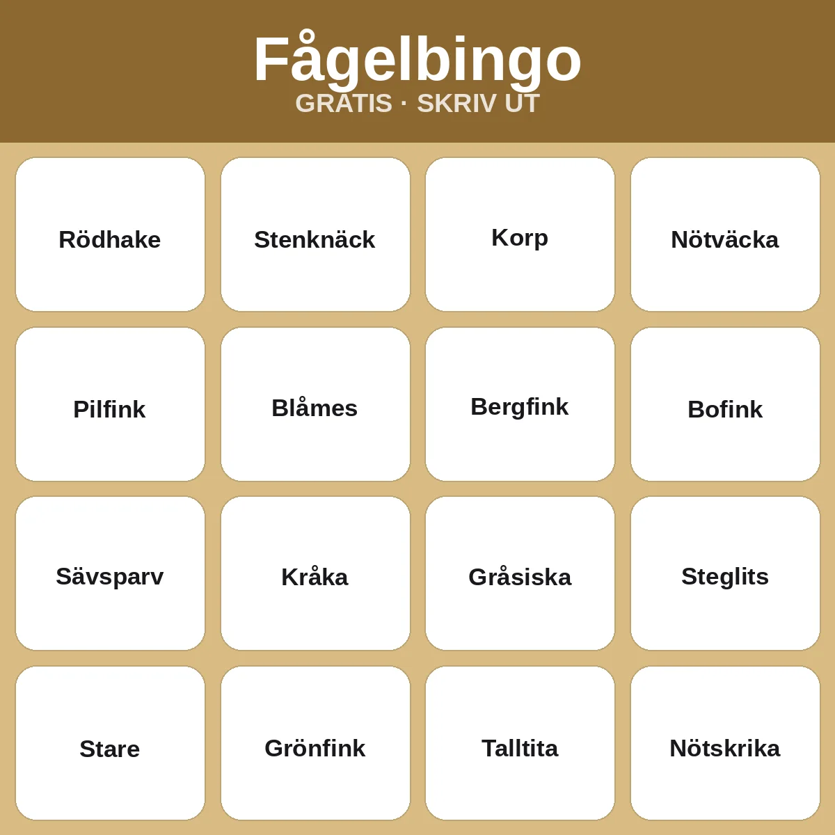 Fågelbingo – gratis bingo att skriva ut för barn