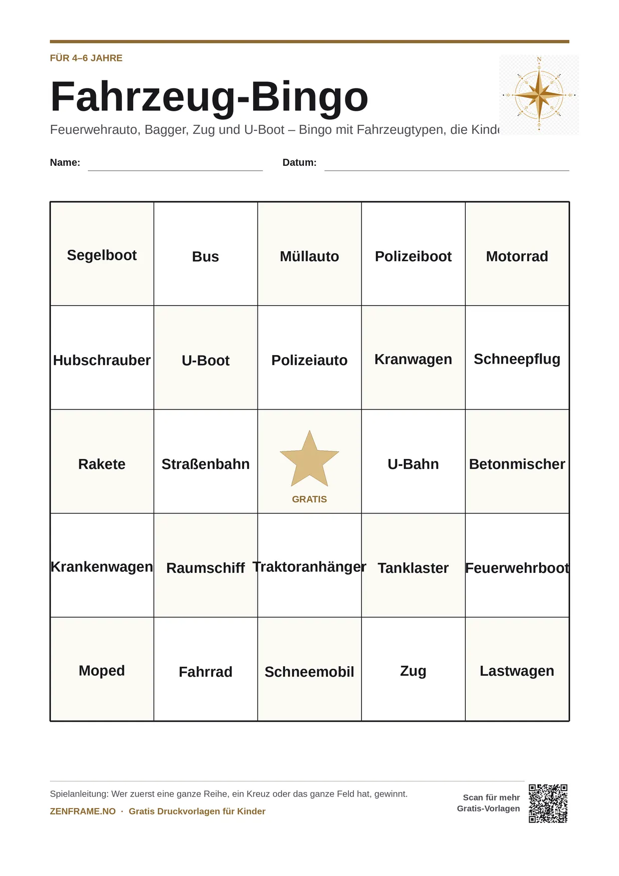 Fahrzeug-Bingo für Kinder 4–6 Jahre – kostenlose A4-Vorlage zum Ausdrucken