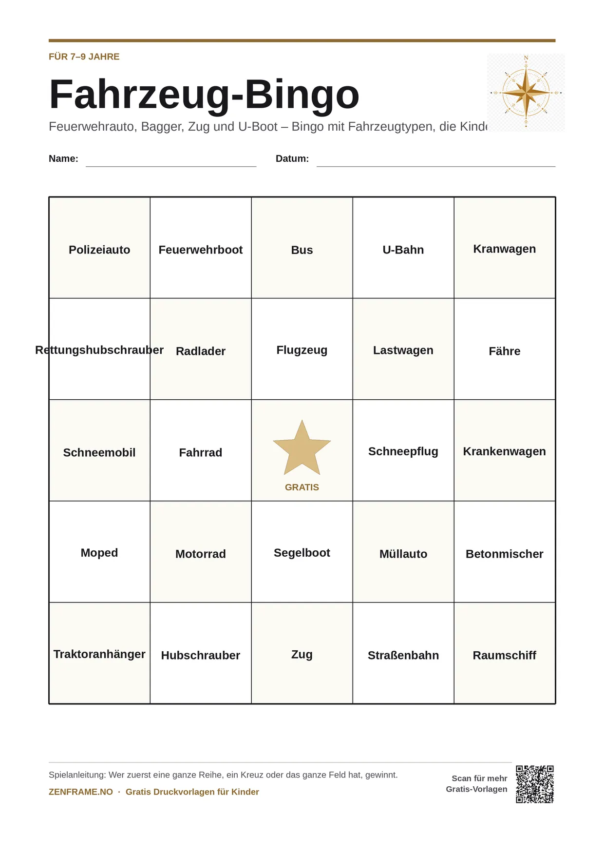 Fahrzeug-Bingo für Kinder 7–9 Jahre – kostenlose A4-Vorlage zum Ausdrucken