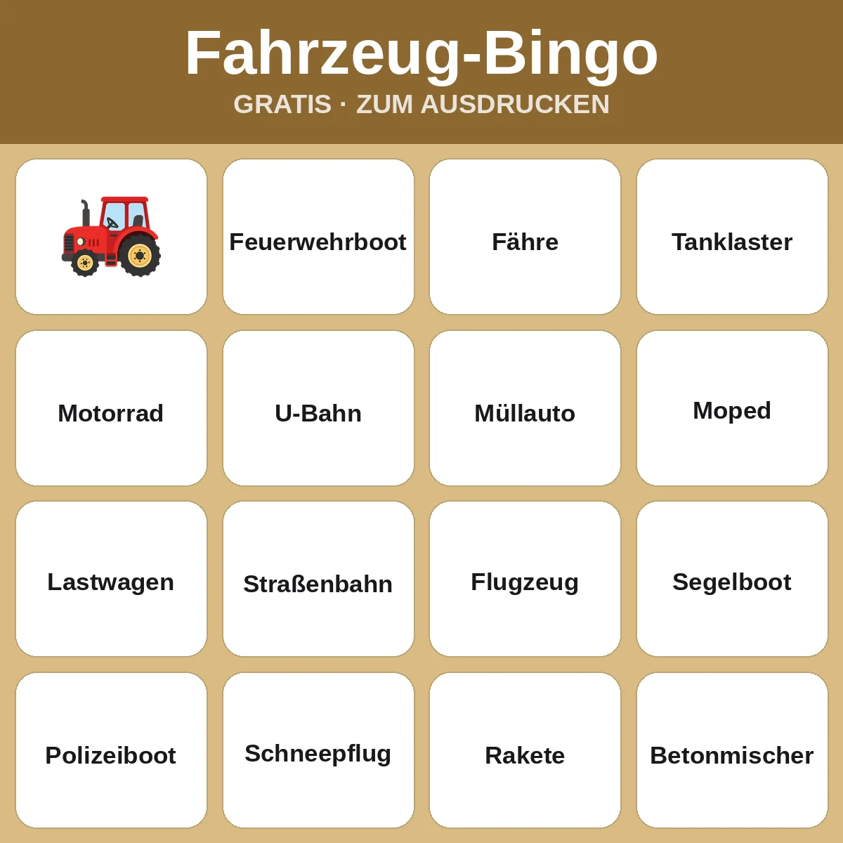 Fahrzeug-Bingo – kostenloses Bingo zum Ausdrucken für Kinder