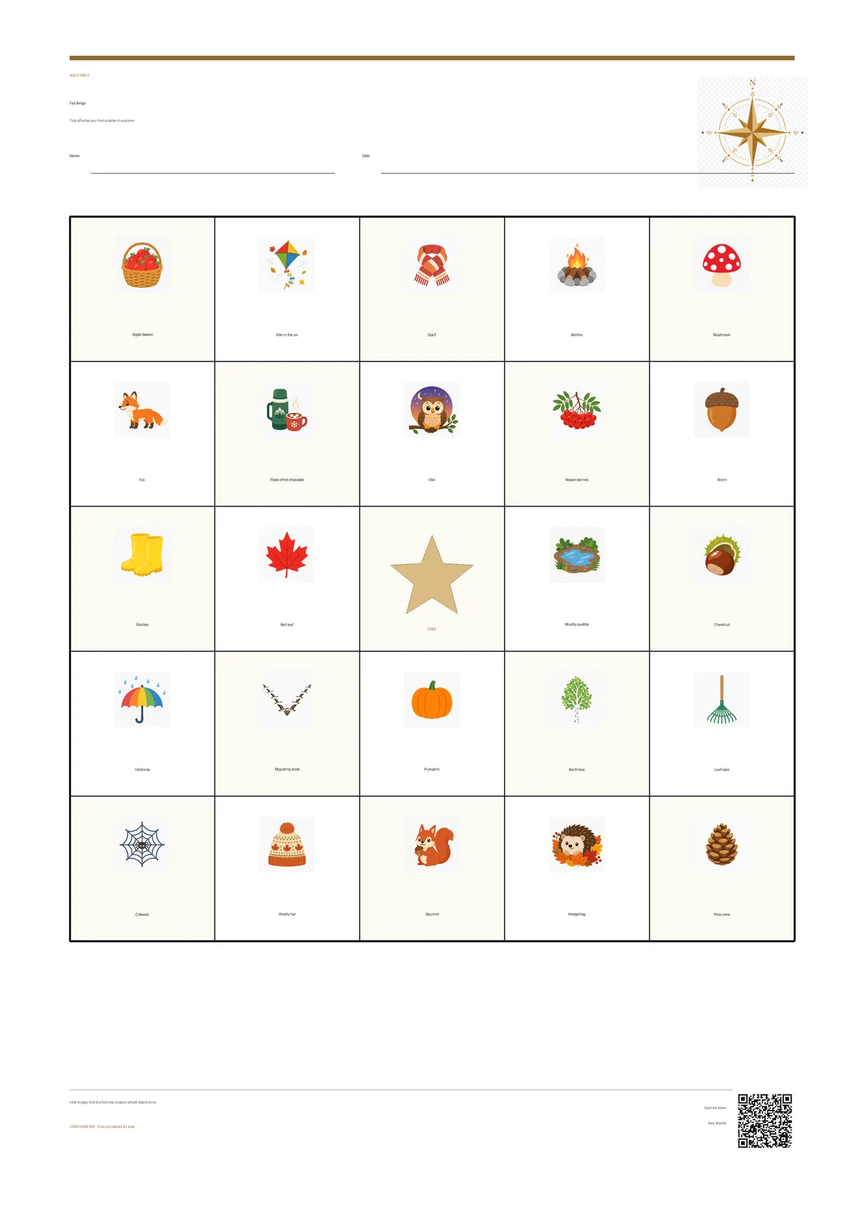 Fall Bingo for kids ages 10–12 – free printable A4 board