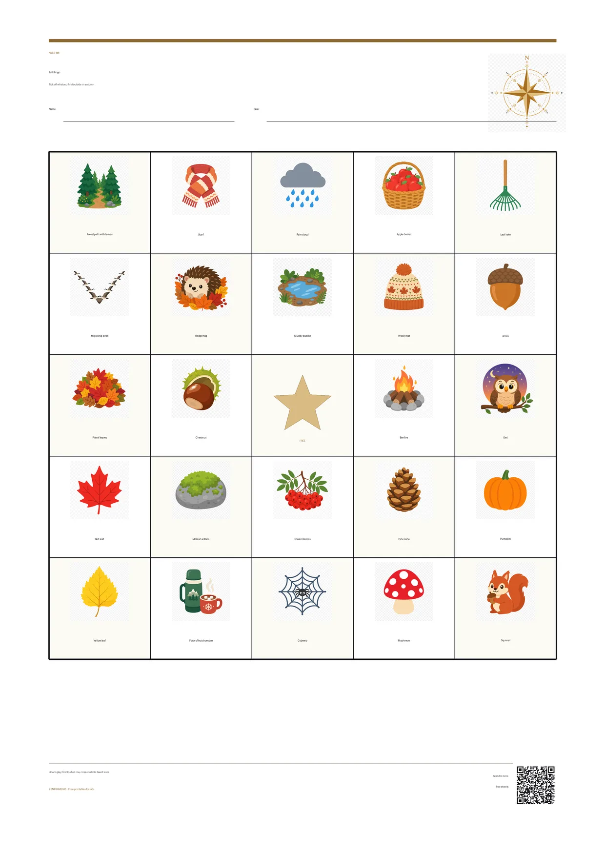 Fall Bingo for kids ages 4–6 – free printable A4 board
