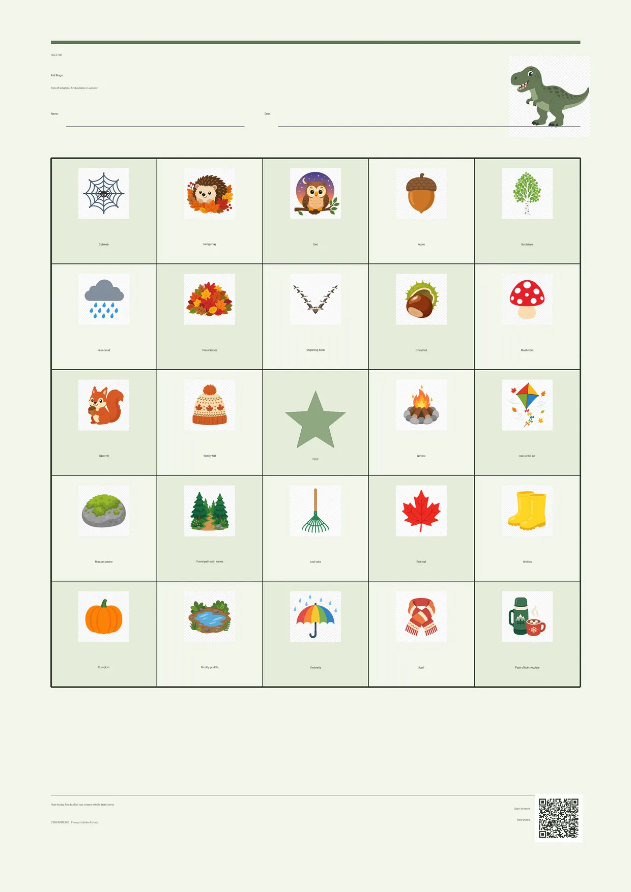Fall Bingo for kids ages 7–9 – Dinosaur theme – free printable A4 board