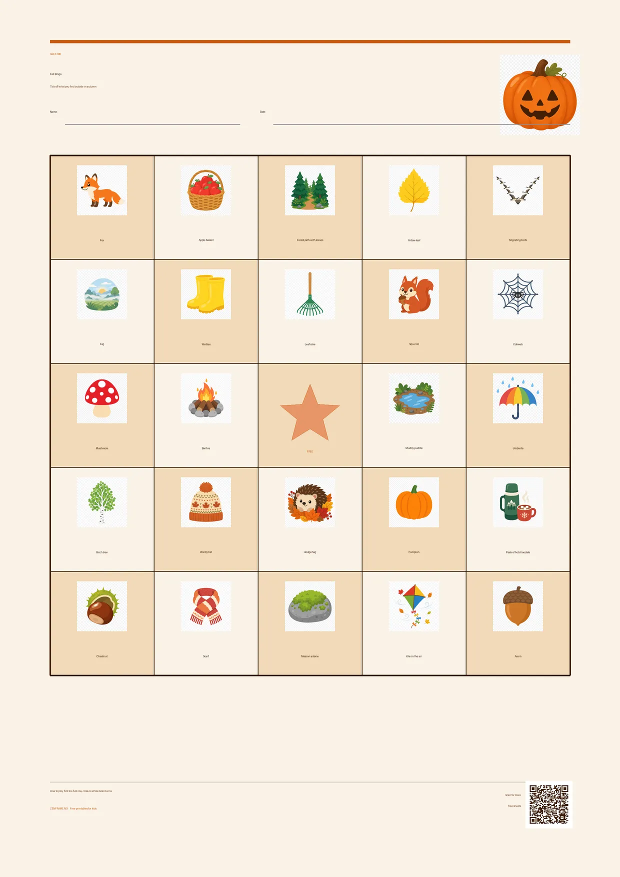 Fall Bingo for kids ages 7–9 – Halloween theme – free printable A4 board