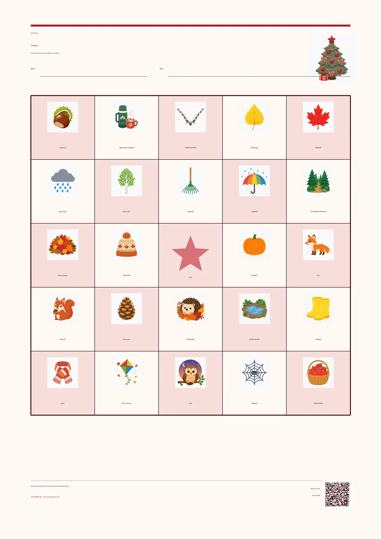 Fall Bingo for kids ages 7–9 – Christmas theme – free printable A4 board