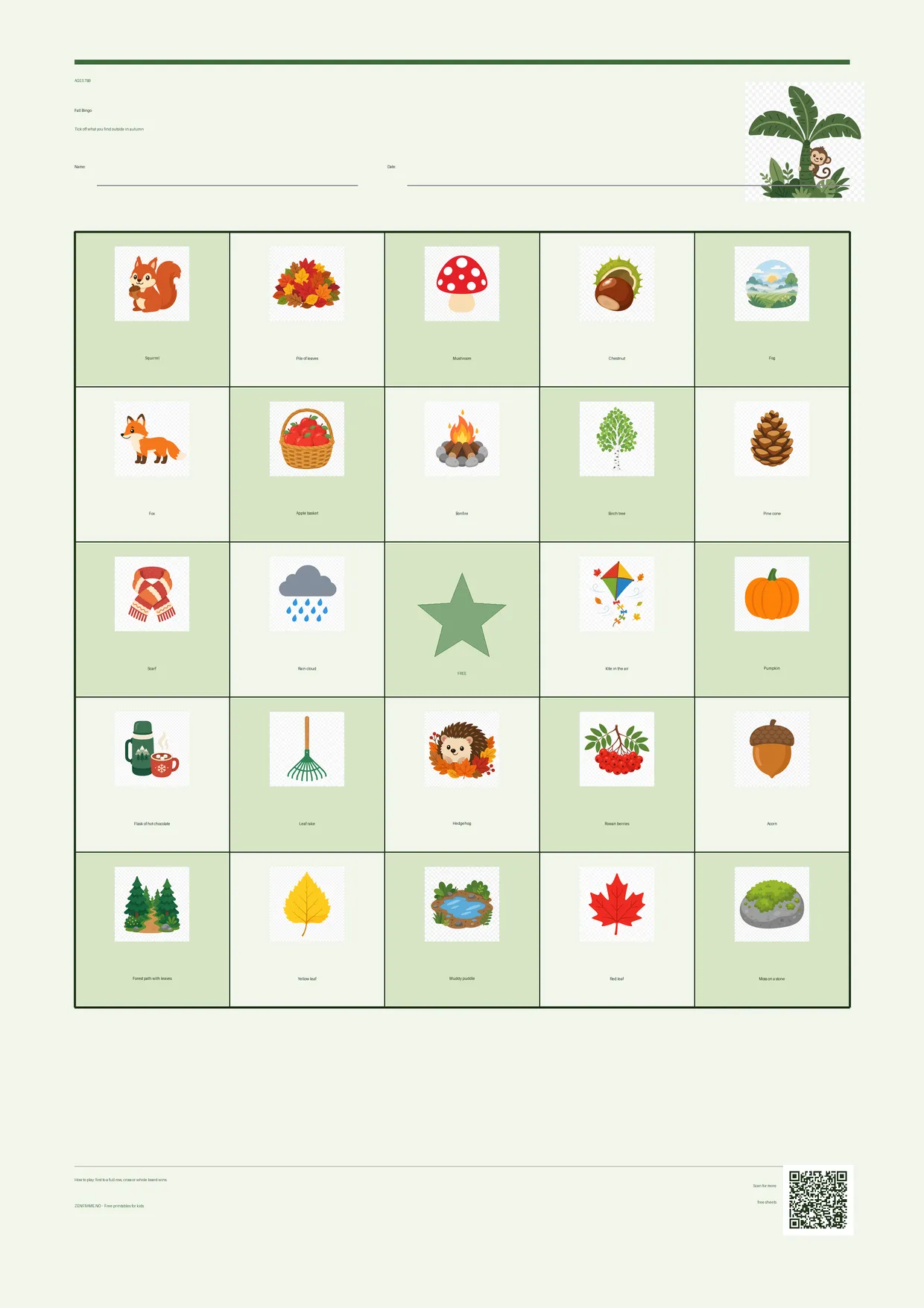Fall Bingo for kids ages 7–9 – Jungle theme – free printable A4 board