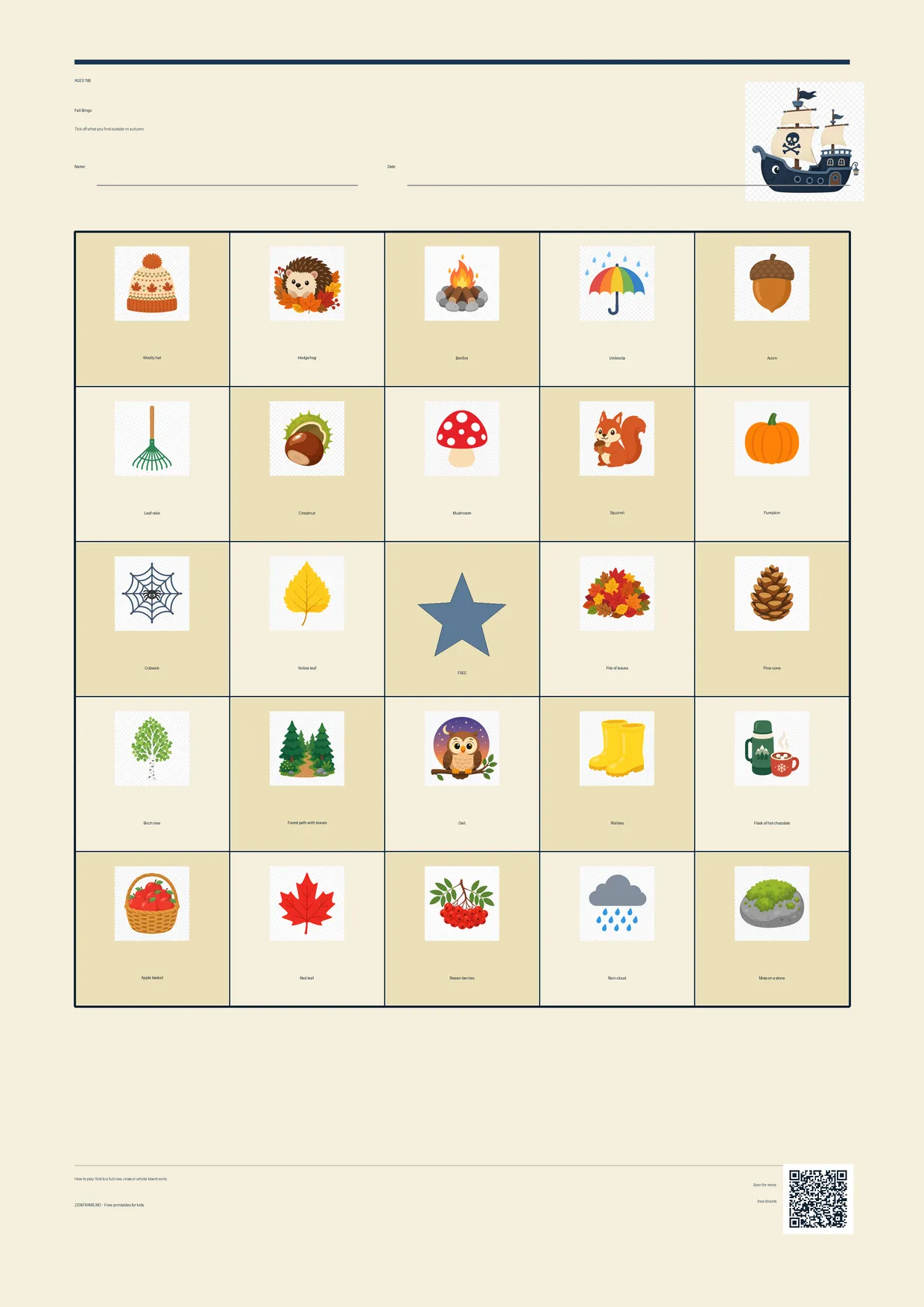 Fall Bingo for kids ages 7–9 – Pirate theme – free printable A4 board