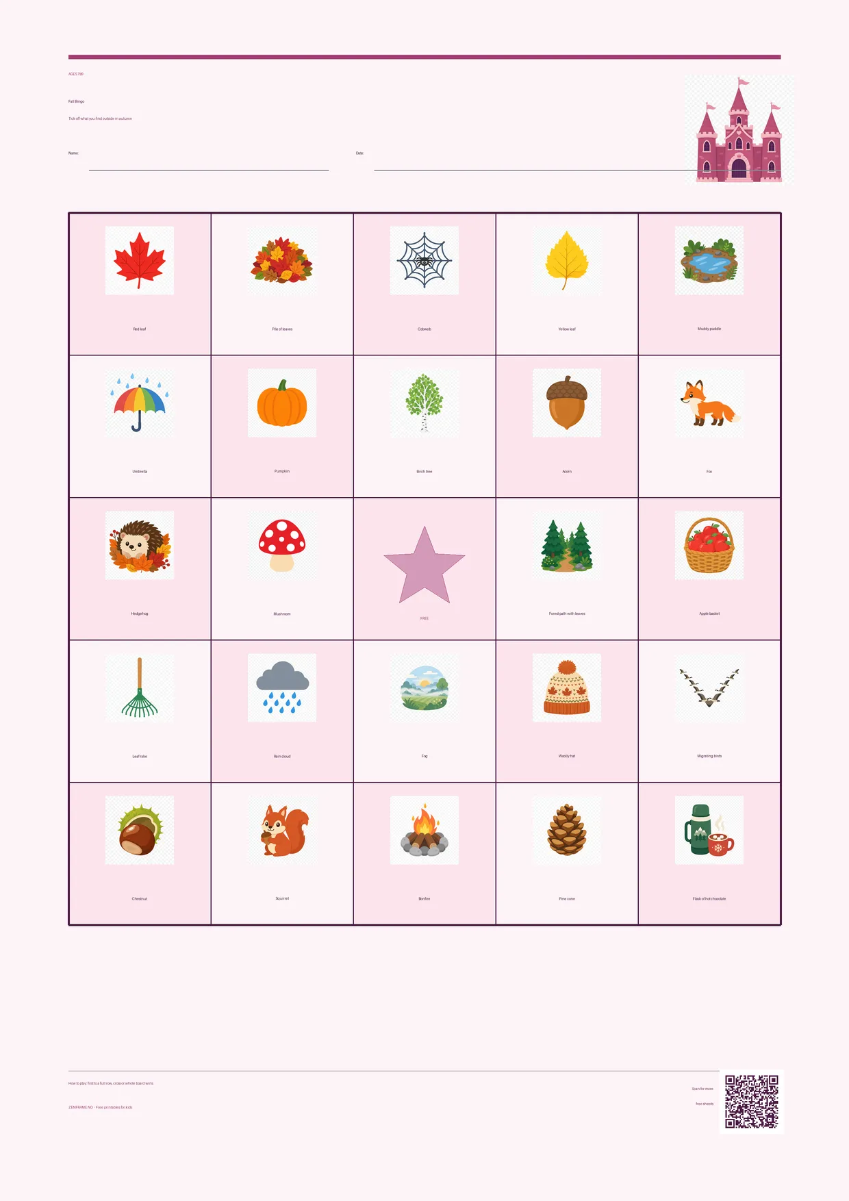 Fall Bingo for kids ages 7–9 – Princess theme – free printable A4 board