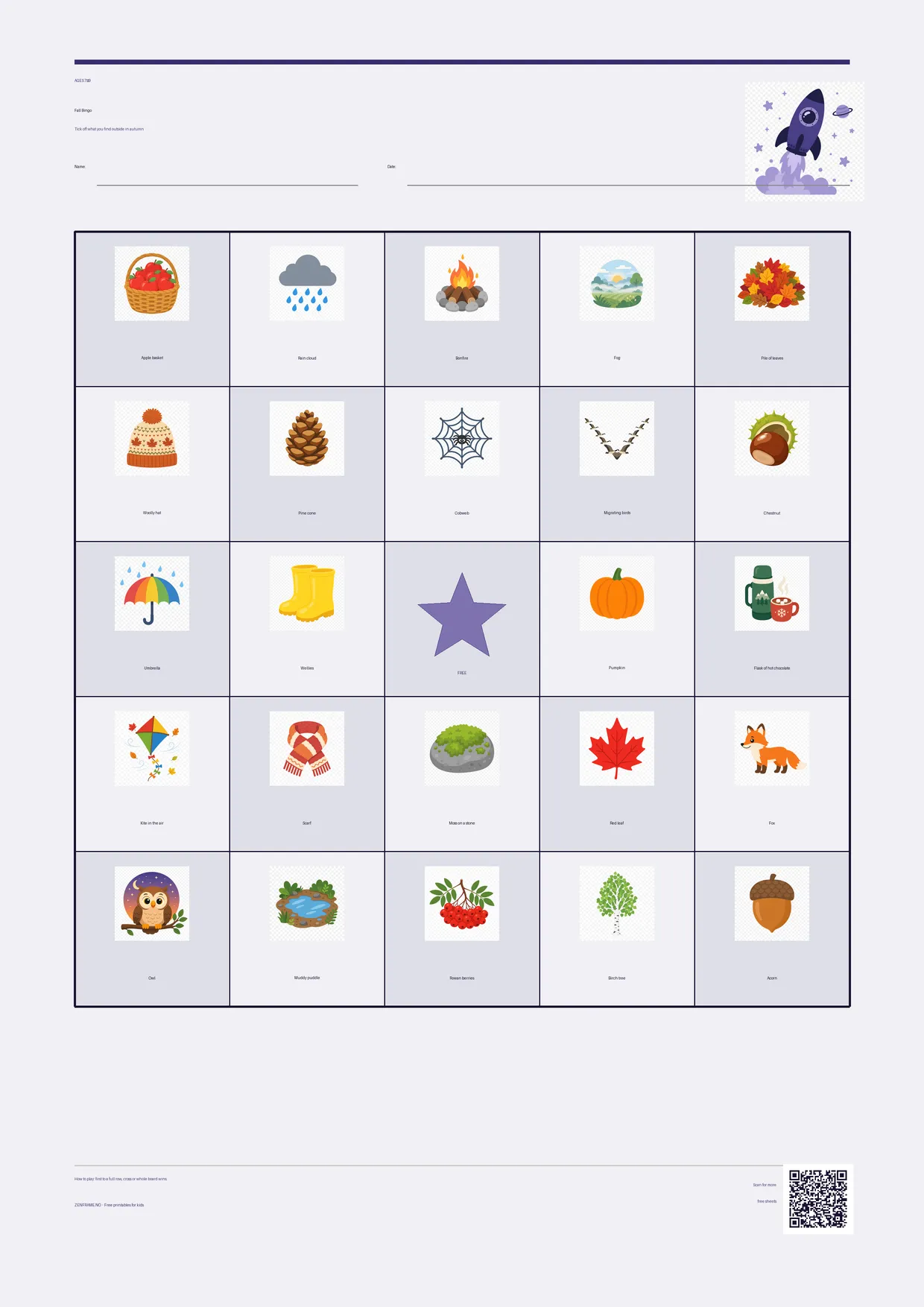 Fall Bingo for kids ages 7–9 – Space theme – free printable A4 board