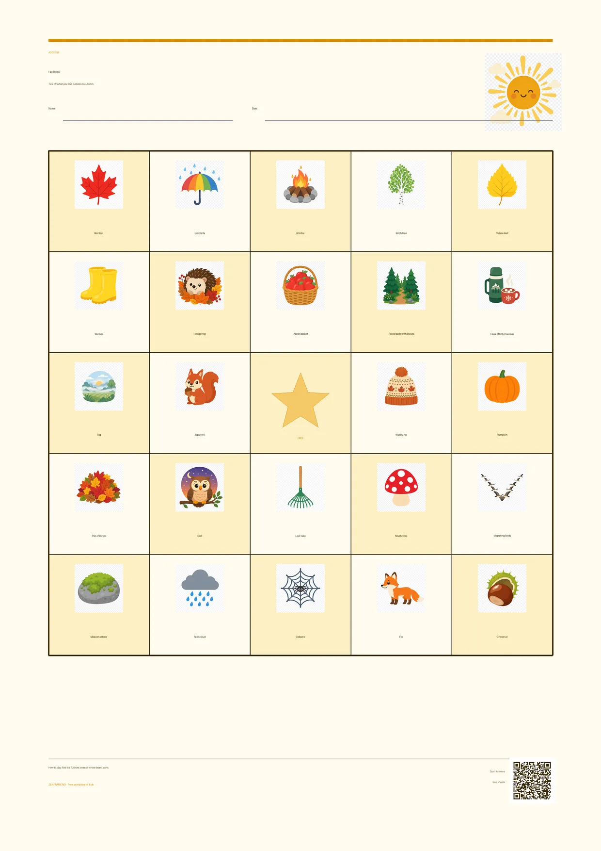 Fall Bingo for kids ages 7–9 – Summer theme – free printable A4 board