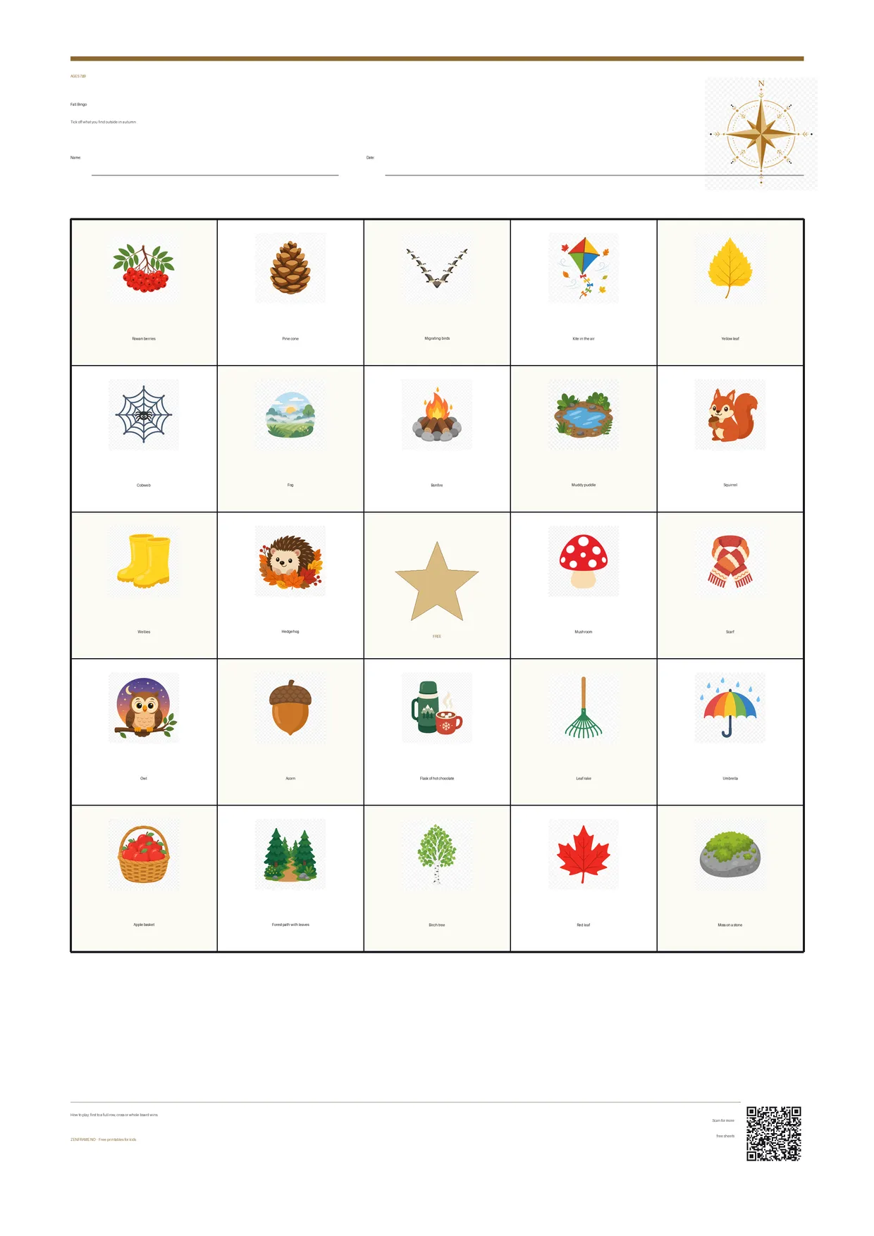 Fall Bingo for kids ages 7–9 – free printable A4 board
