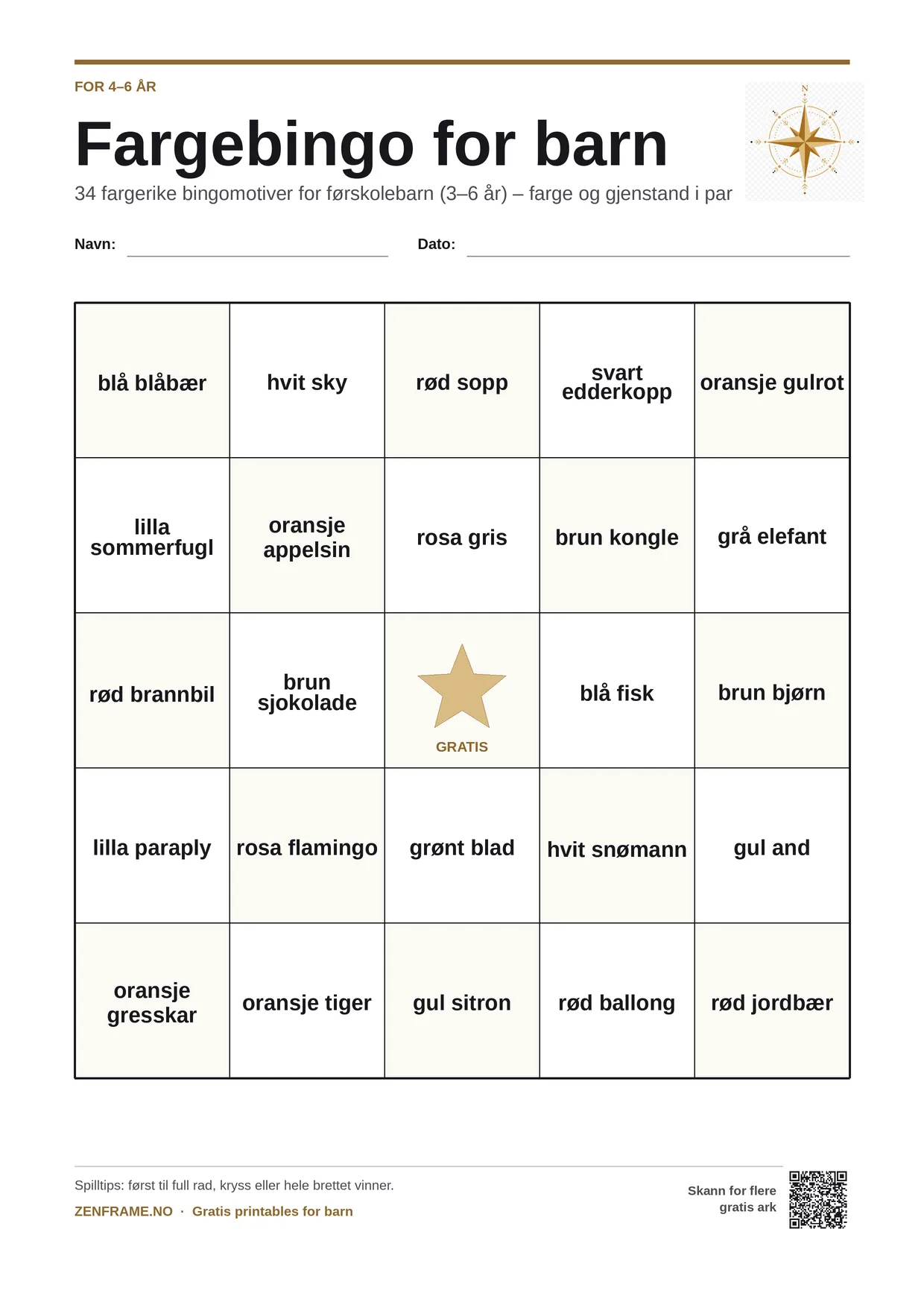 Fargebingo for barn 4–6 år – gratis utskrivbart A4-brett