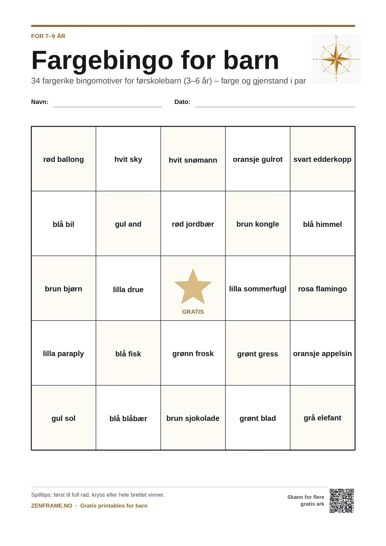 Fargebingo for barn 7–9 år – gratis utskrivbart A4-brett