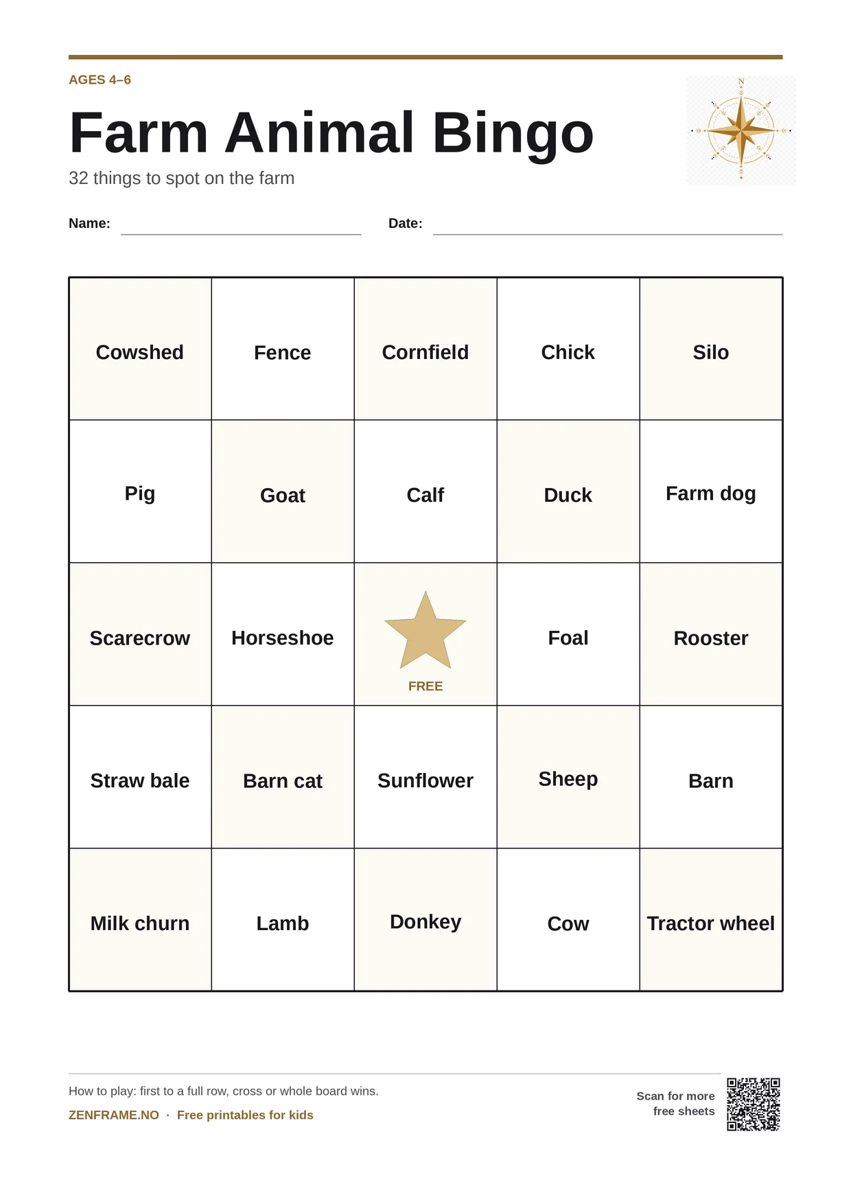 Farm Animal Bingo for kids ages 4–6 – free printable A4 board