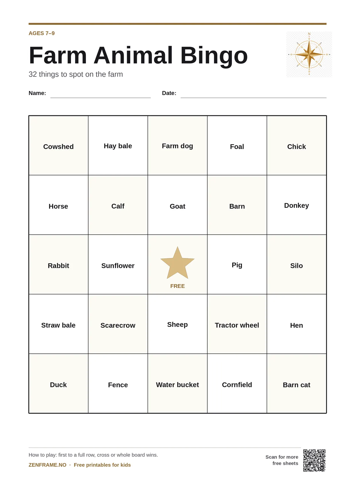 Farm Animal Bingo for kids ages 7–9 – free printable A4 board