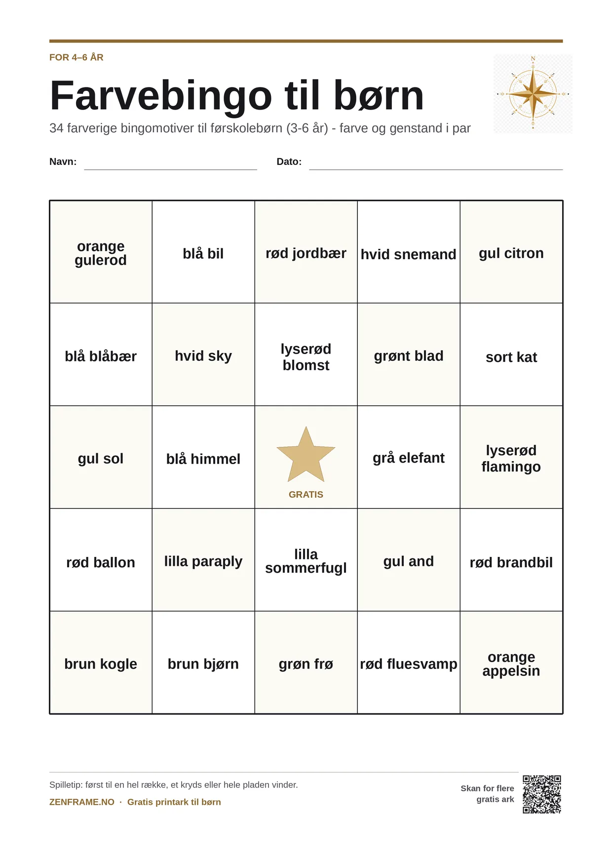 Farvebingo for børn 4–6 år – gratis printbar A4-plade