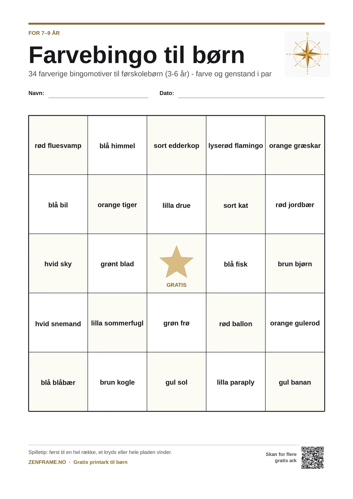 Farvebingo for børn 7–9 år – gratis printbar A4-plade