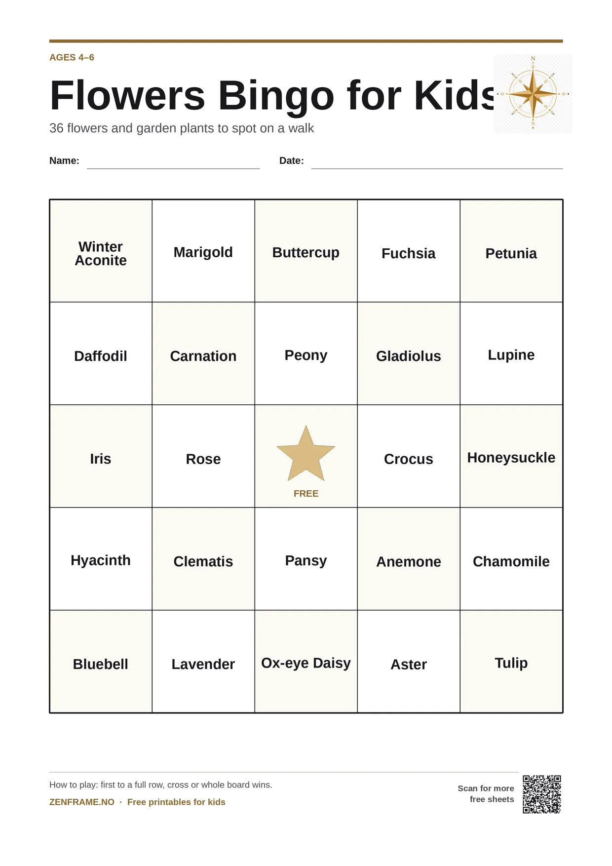 Flowers Bingo for kids ages 4–6 – free printable A4 board