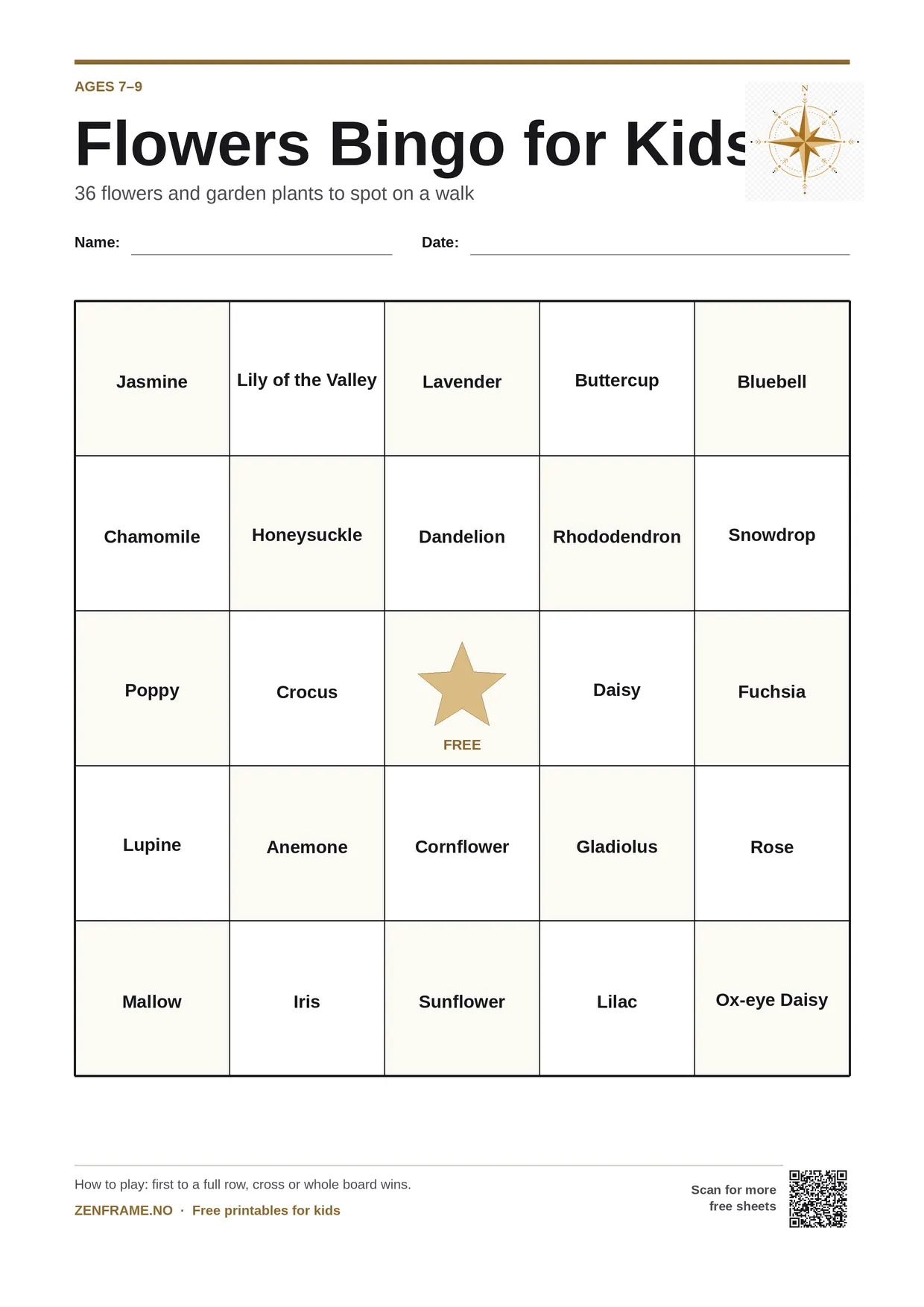 Flowers Bingo for kids ages 7–9 – free printable A4 board