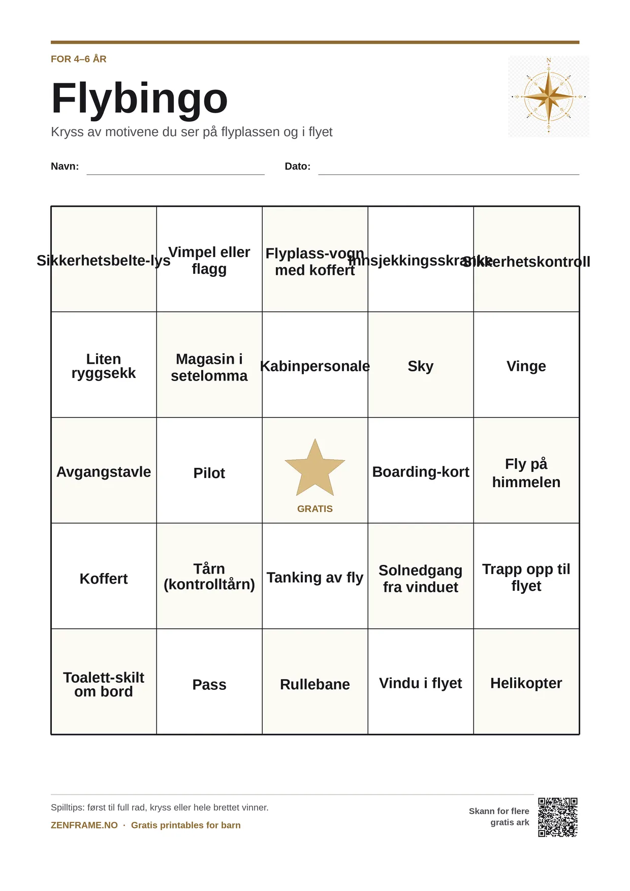 Flybingo for barn 4–6 år – gratis utskrivbart A4-brett