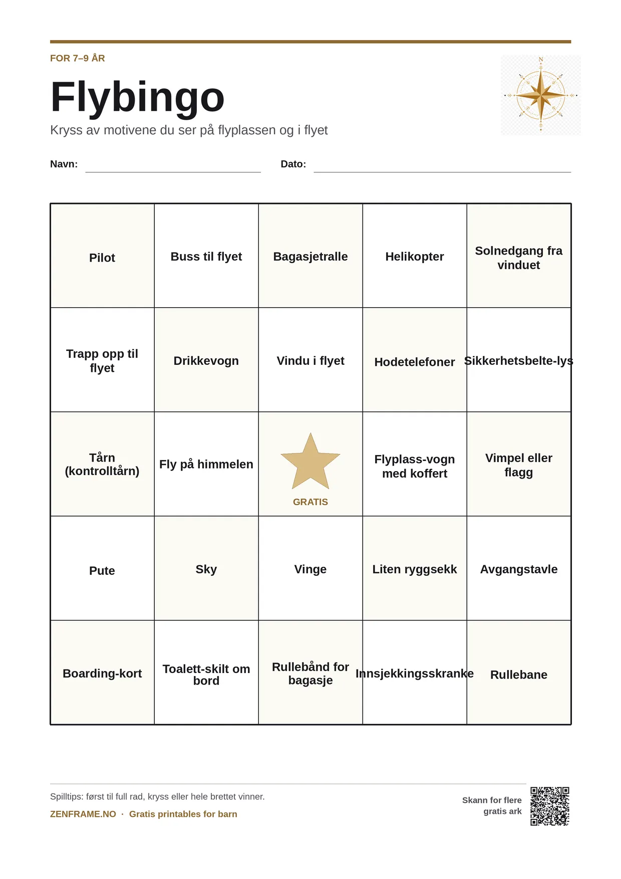 Flybingo for barn 7–9 år – gratis utskrivbart A4-brett