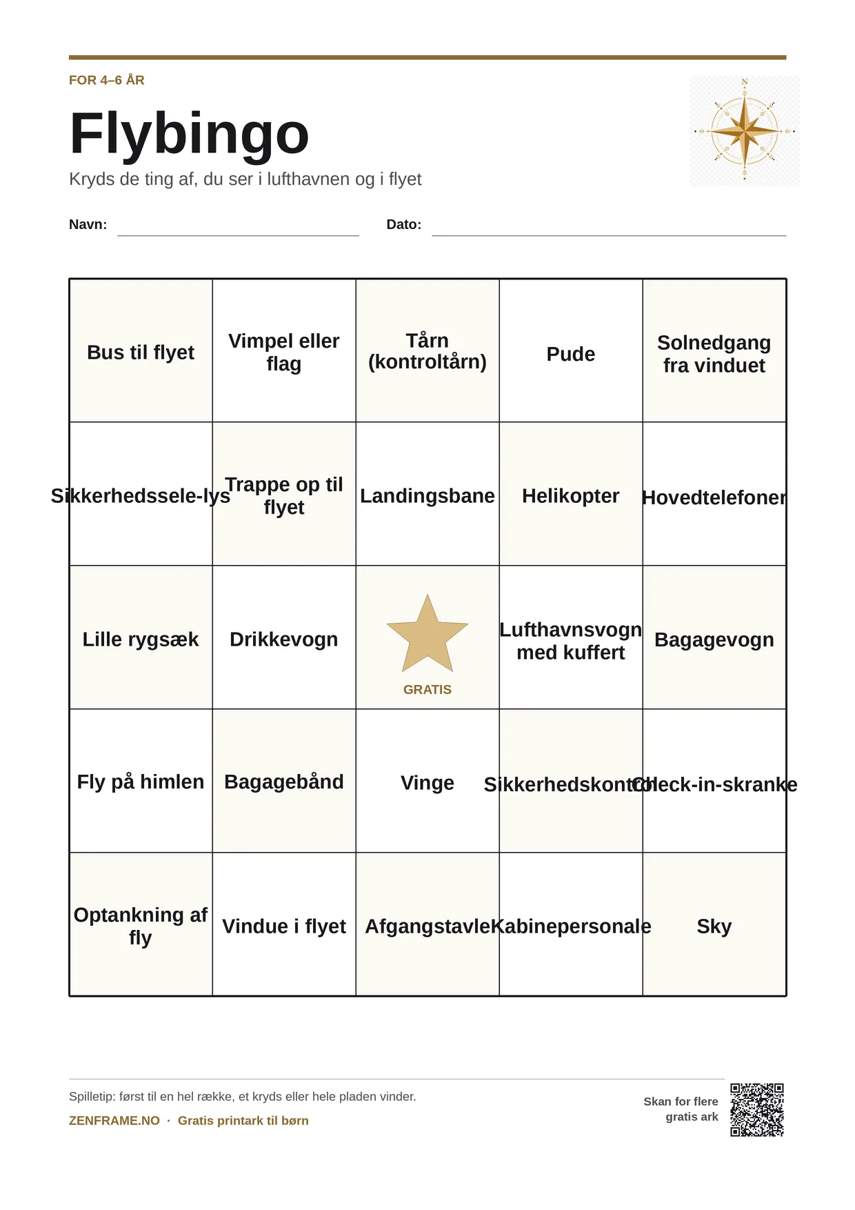 Flybingo for børn 4–6 år – gratis printbar A4-plade