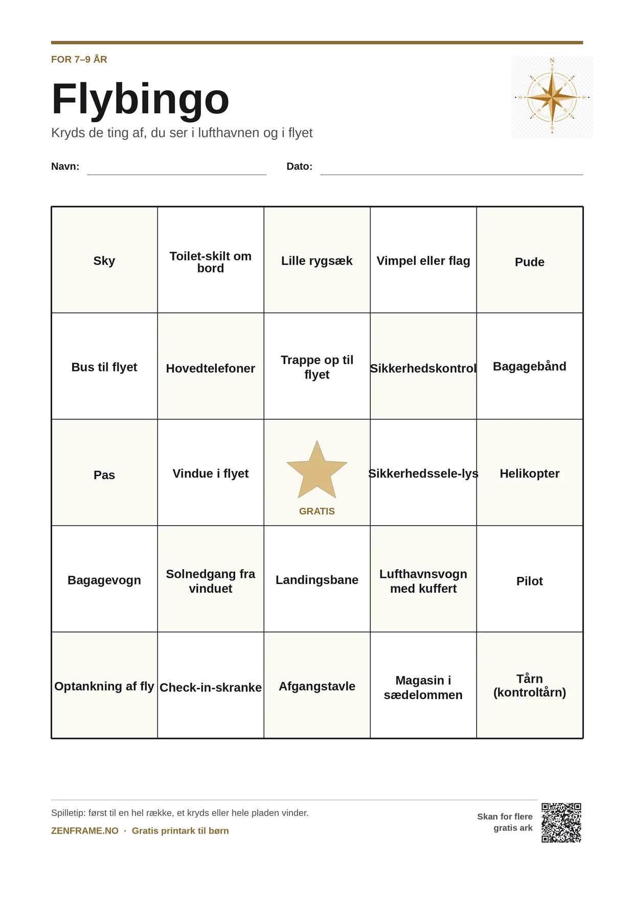 Flybingo for børn 7–9 år – gratis printbar A4-plade
