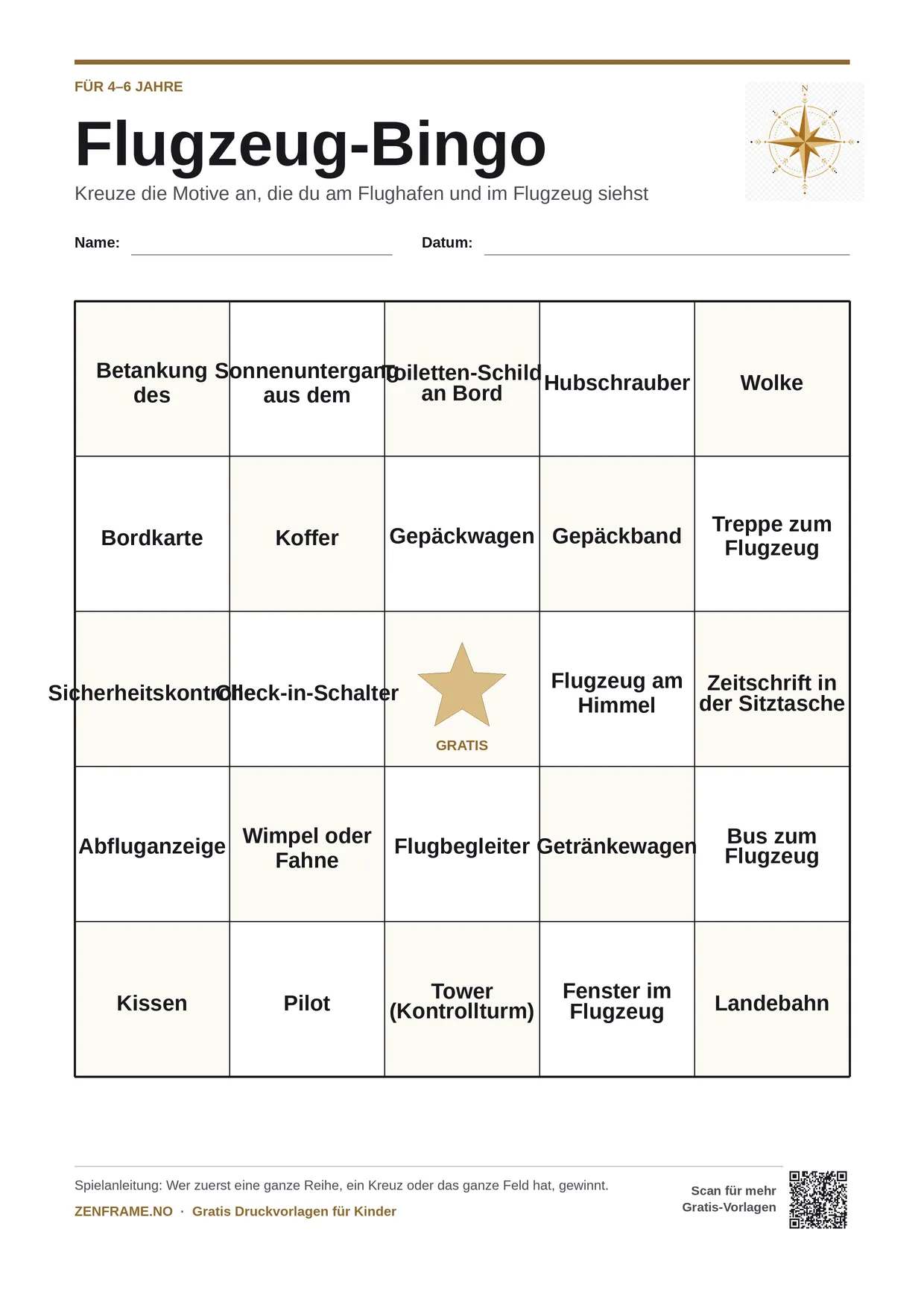 Flugzeug-Bingo für Kinder 4–6 Jahre – kostenlose A4-Vorlage zum Ausdrucken