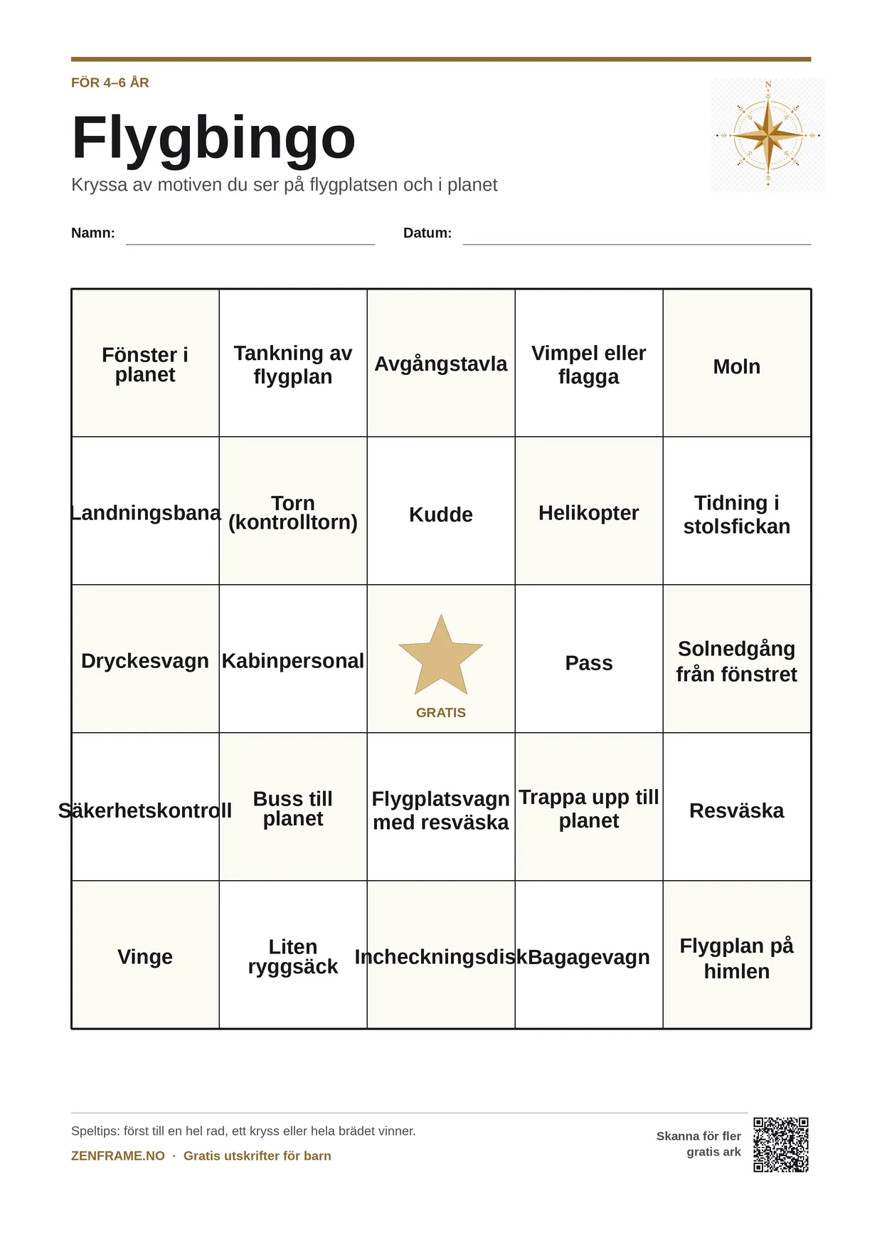 Flygbingo för barn 4–6 år – gratis utskrivbart A4-bräde
