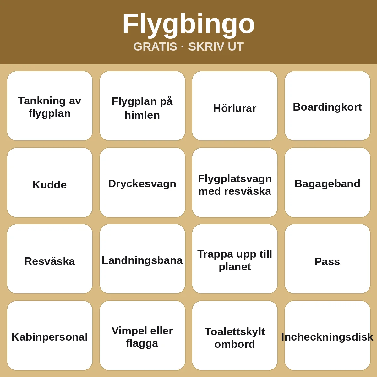 Flygbingo – gratis bingo att skriva ut för barn
