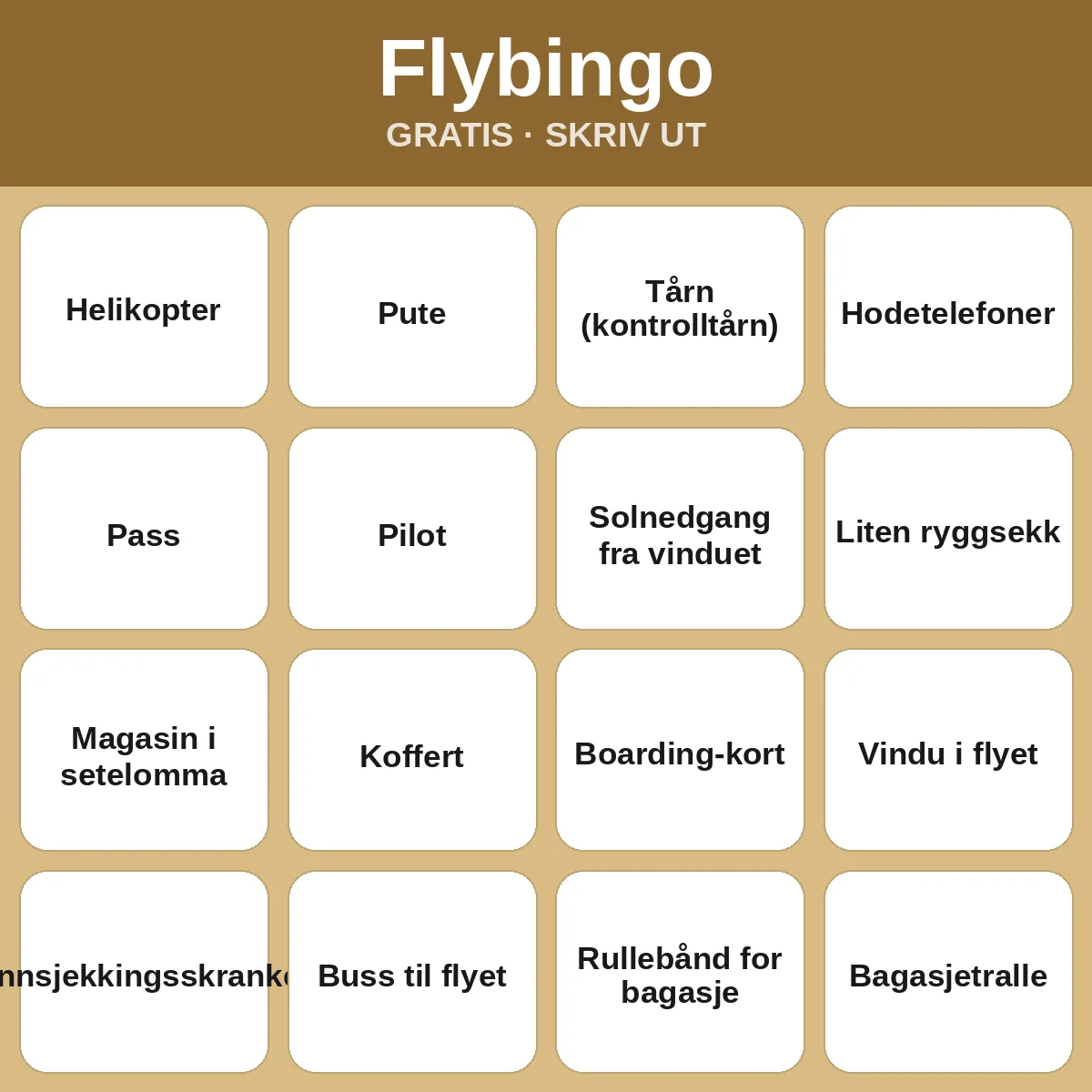 Flybingo – gratis bingo til utskrift for barn
