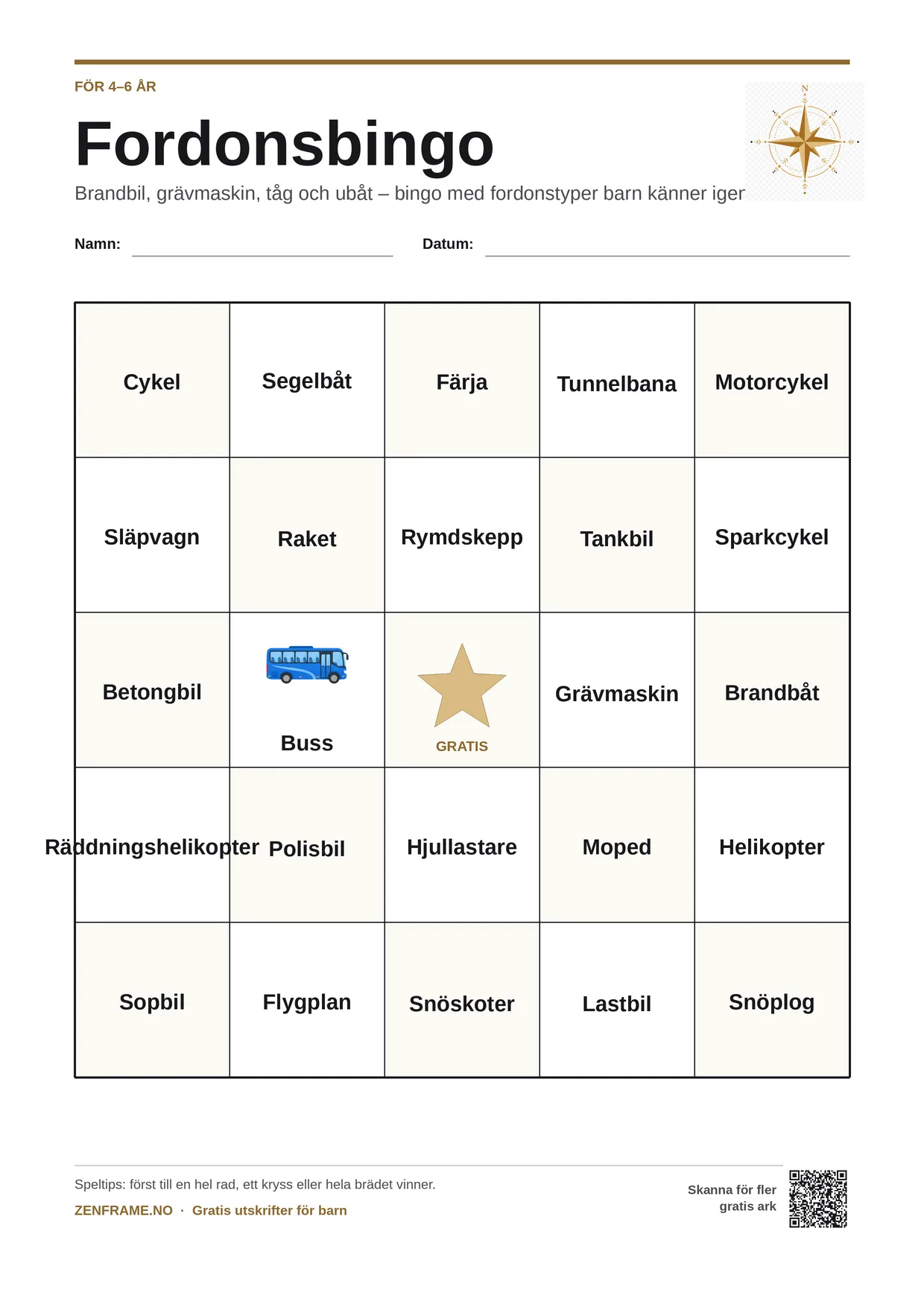 Fordonsbingo för barn 4–6 år – gratis utskrivbart A4-bräde