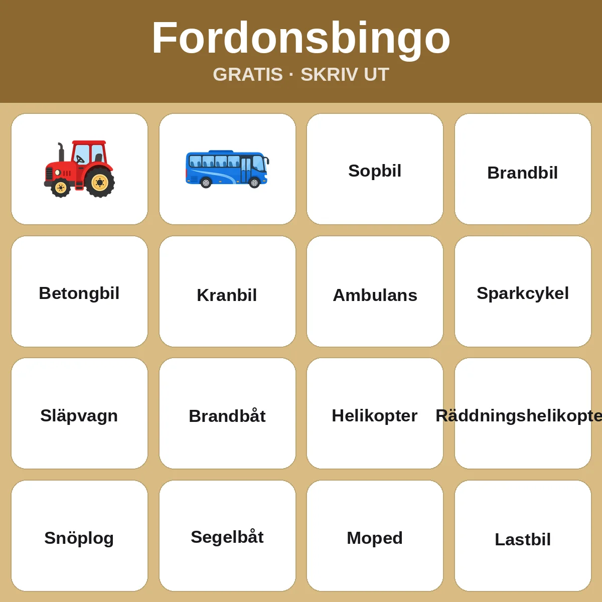 Fordonsbingo – gratis bingo att skriva ut för barn