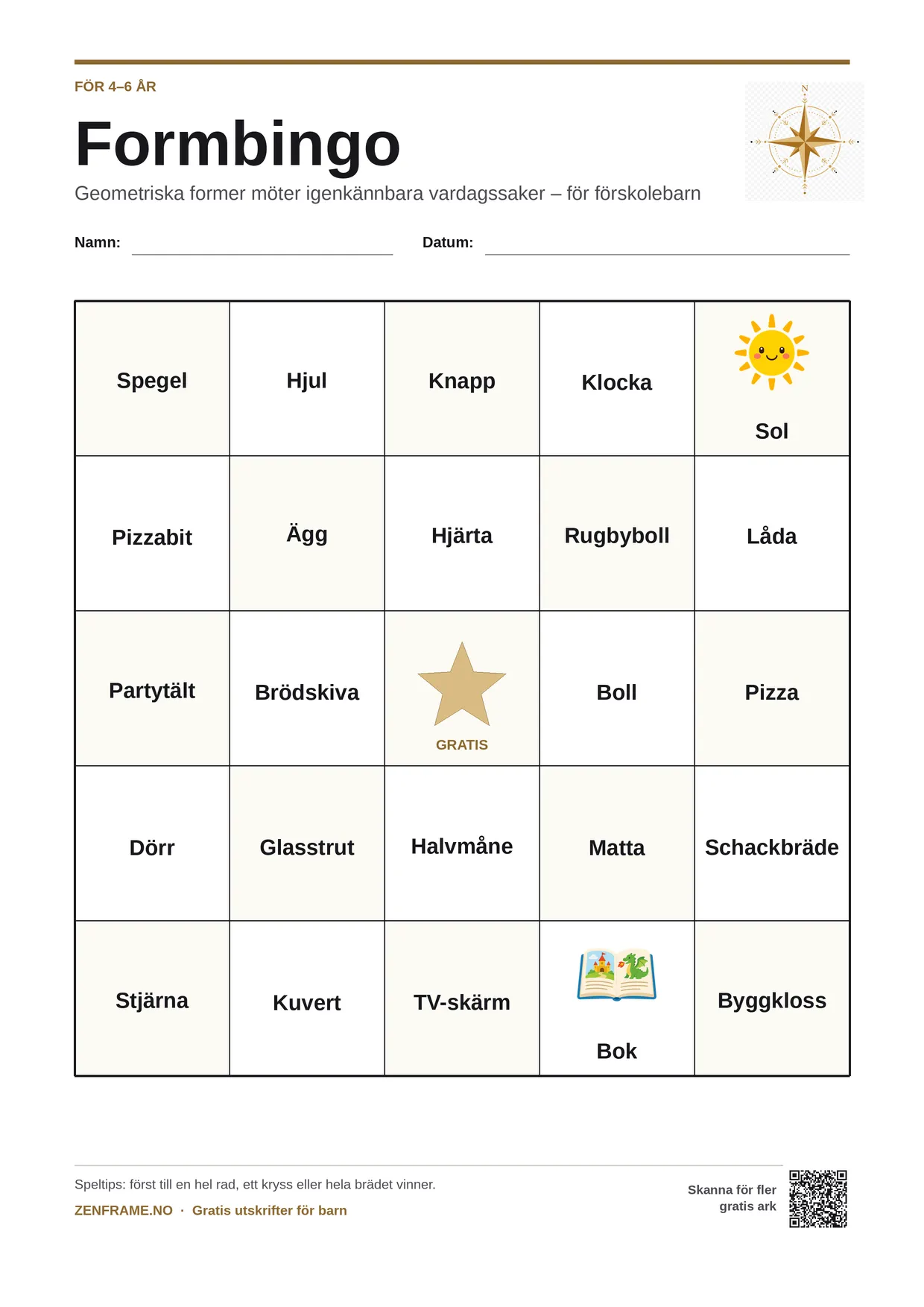 Formbingo för barn 4–6 år – gratis utskrivbart A4-bräde