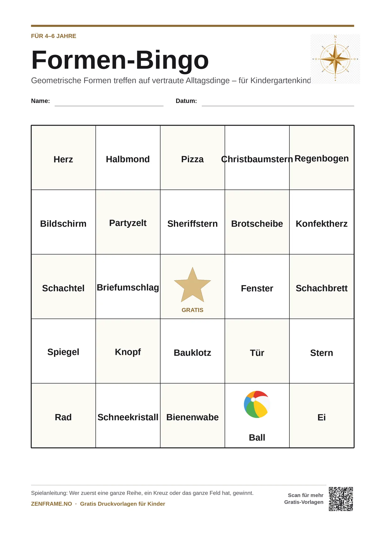 Formen-Bingo für Kinder 4–6 Jahre – kostenlose A4-Vorlage zum Ausdrucken