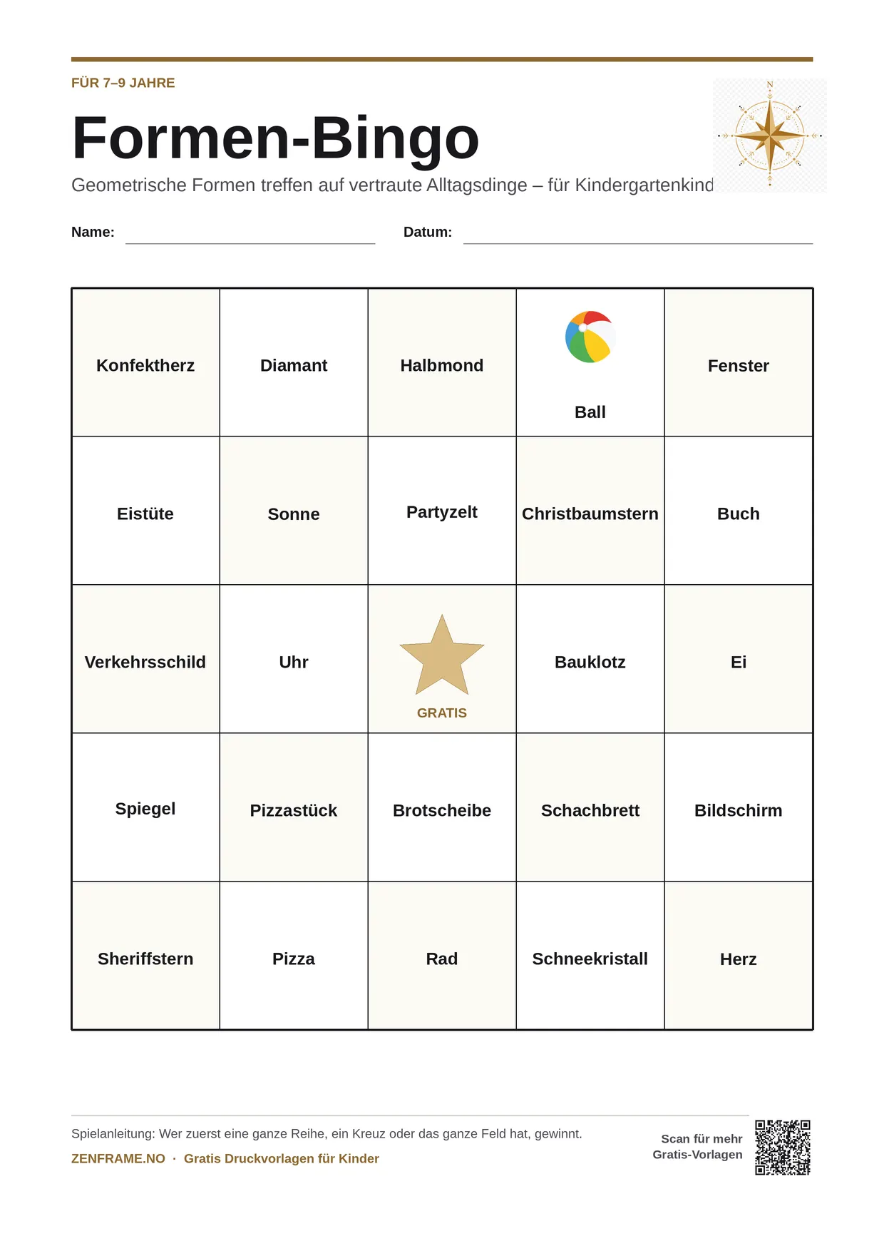 Formen-Bingo für Kinder 7–9 Jahre – kostenlose A4-Vorlage zum Ausdrucken