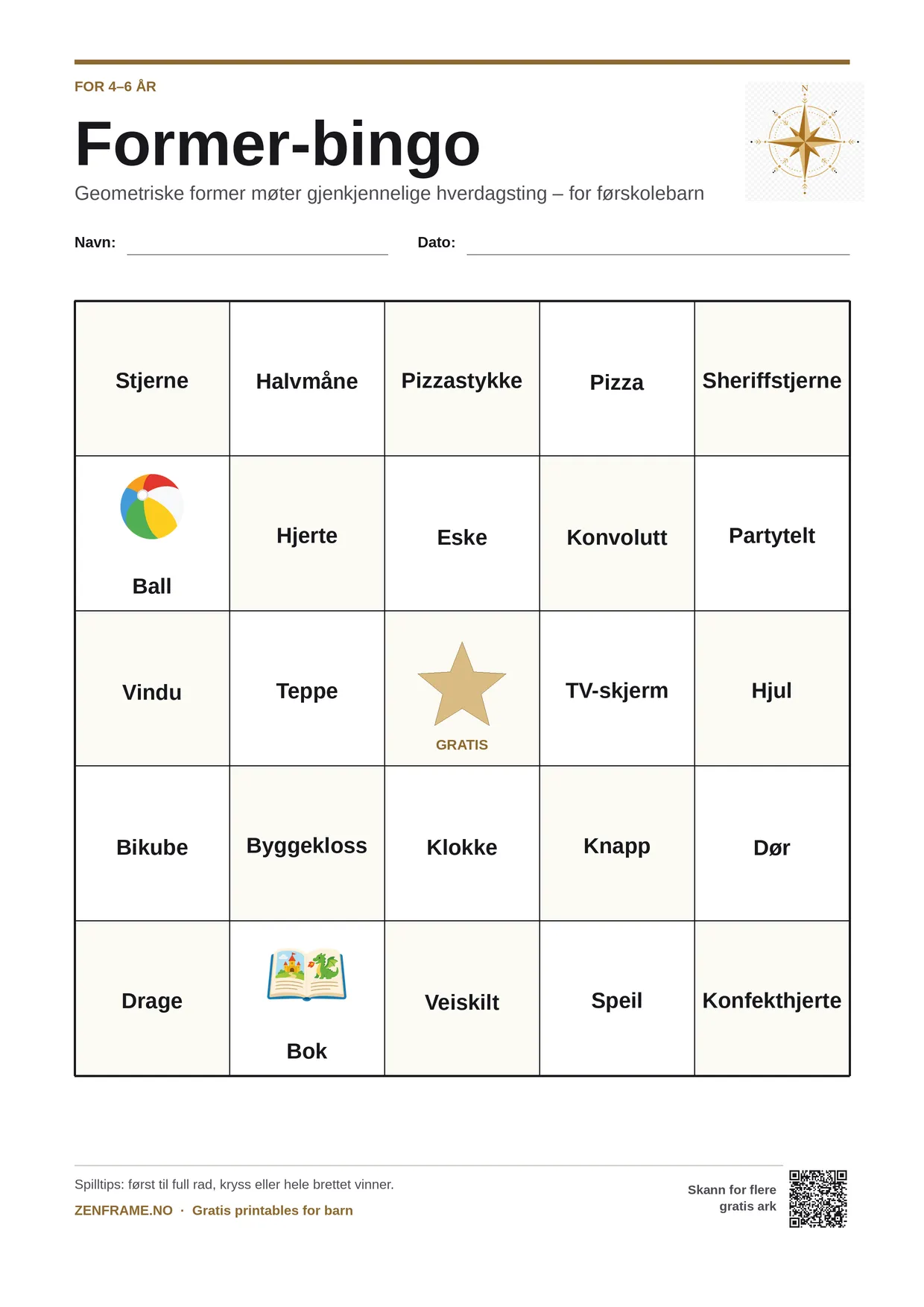 Former-bingo for barn 4–6 år – gratis utskrivbart A4-brett